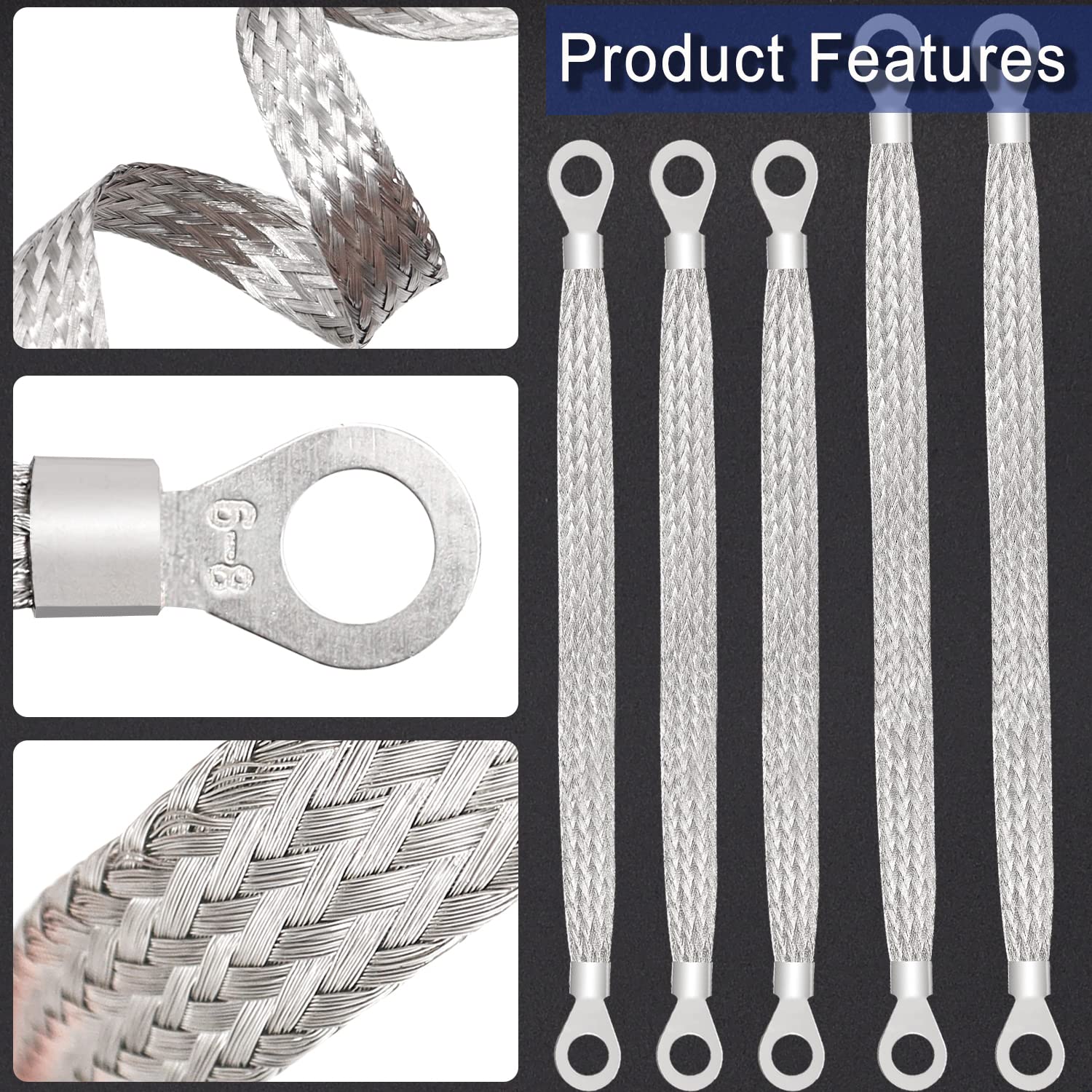 Taiss 5Pcs Ground Strap 3Pcs 10' X 1/2' & 2Pcs 13' X 1/2' Tinned Copper Professional Vehicle Grounding Cable Straps With Terminal Plugs,Universal Automotive Engine Flat Braided Copper Ground Strap
