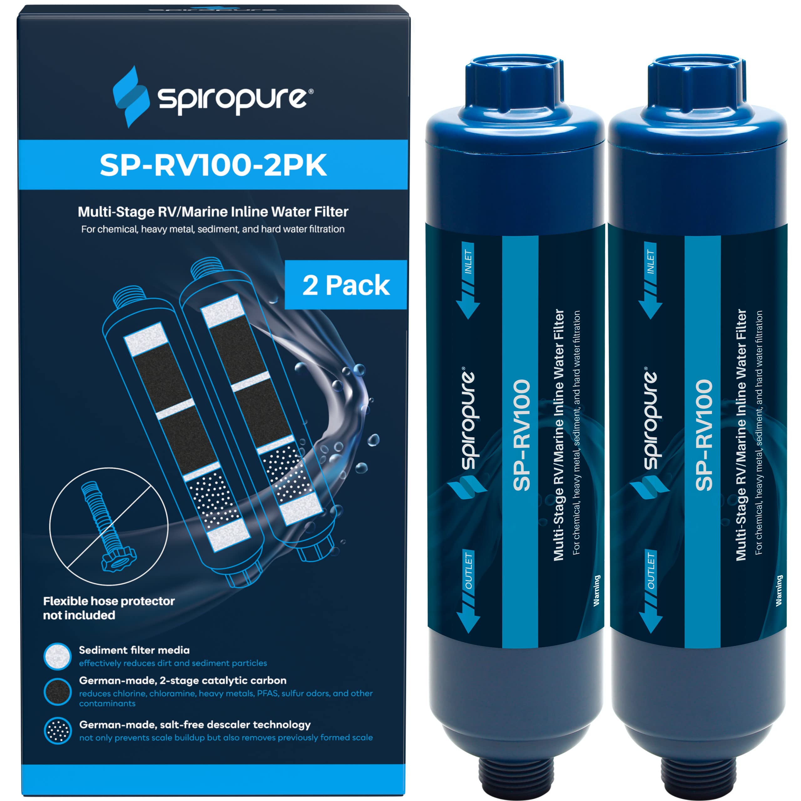 2pk of SpiroPure Multi-Stage RV Marine Inline Water Filters - Sediment Carbon Hard Water Chlorine Chloramine Heavy Metals PFOA P