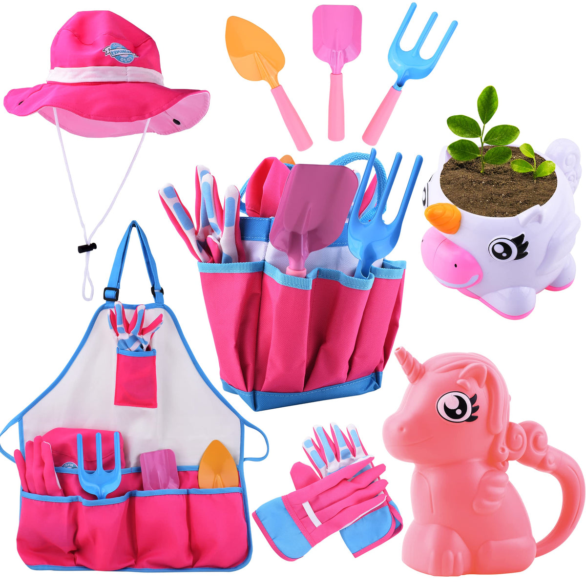 Joyin Unicorn Kids Gardening Tool Set Toy Includes Watering Can And Planter, Sun Hat, Gloves, Apron And Kids Gardening Kit Like 
