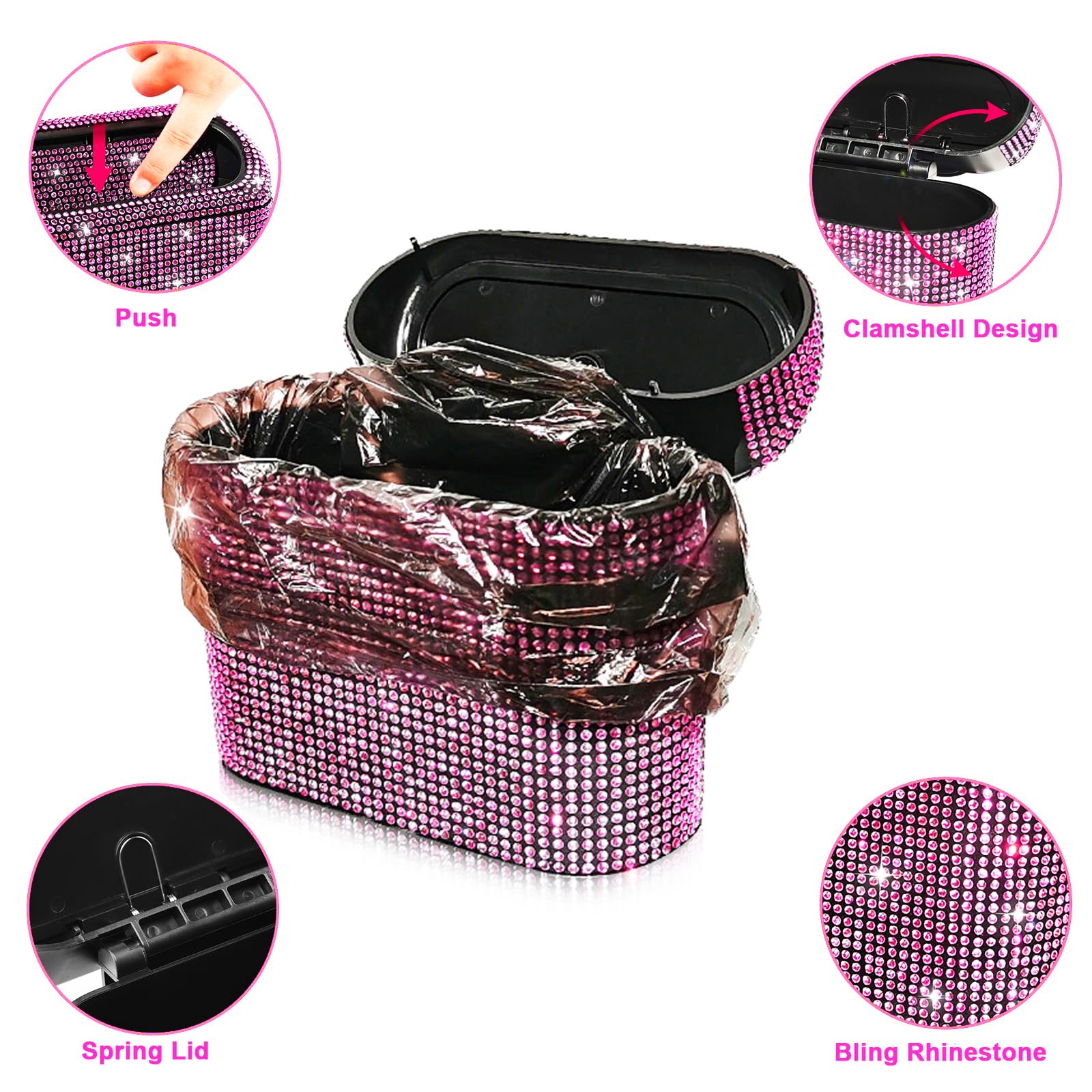 Accmor Bling Car Trash Can With Lid, Vehicle Trash Bin Car Dustbin Garbage Organizer Storage, Sparkling Crystal Mini Auto Trash
