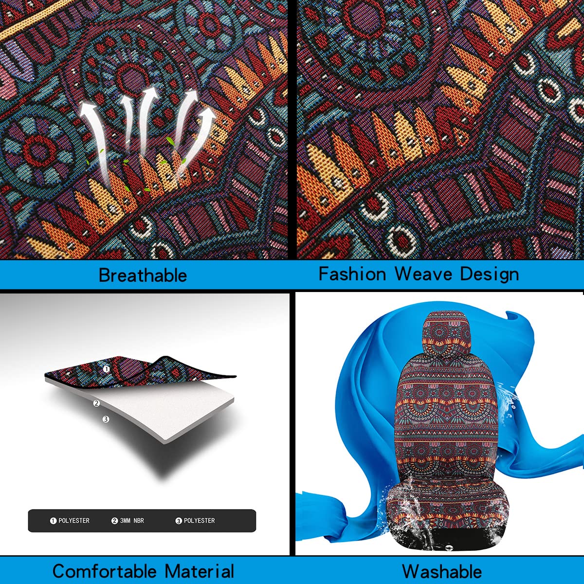 PONYJOYUP Baja Saddle Blanket Car 4PCS Front, Breathable and Washable Striped Woven Automotive Vehicle Universal Boho Seat Cover