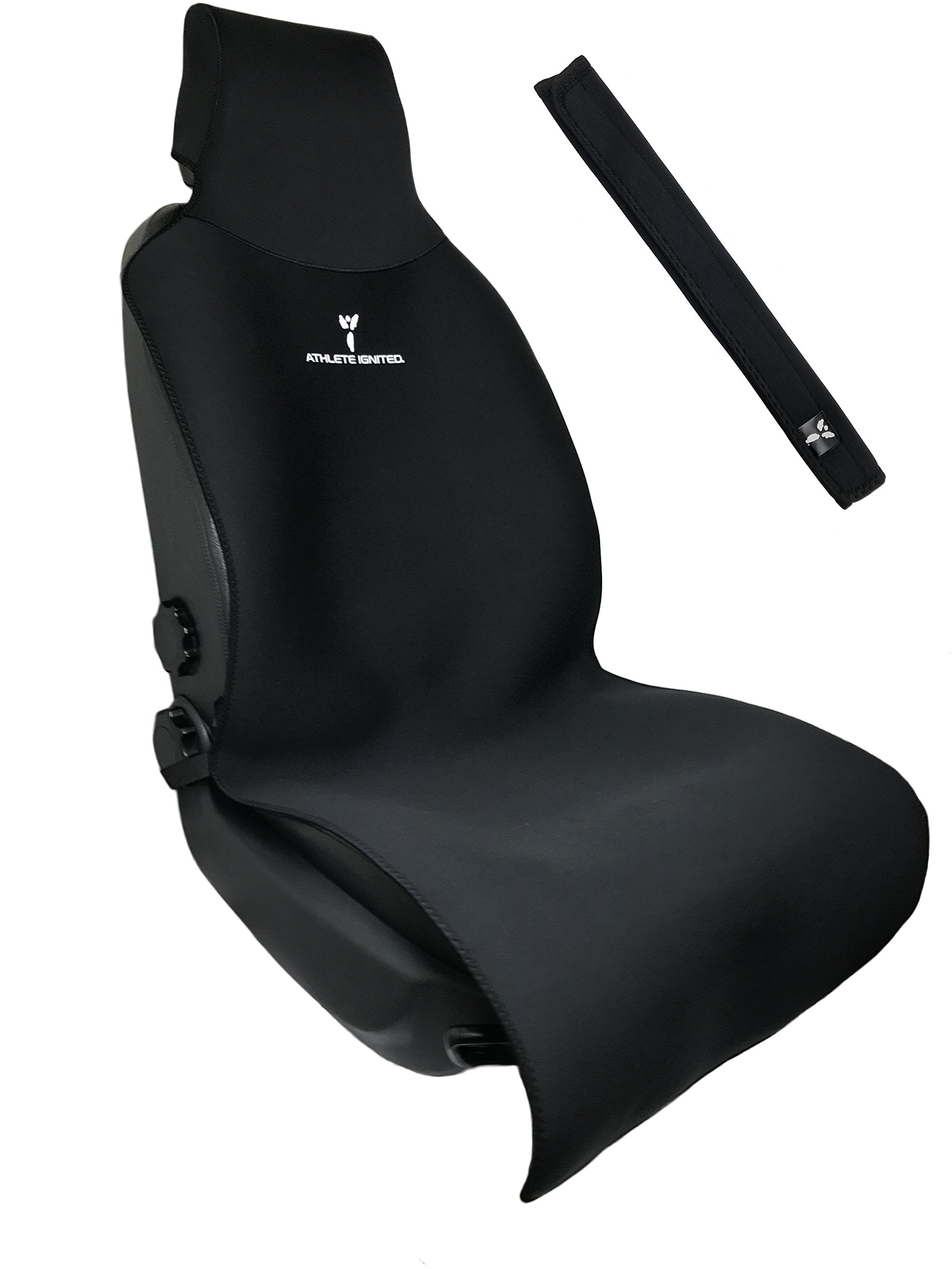 Athlete Ignited Universal Fit Waterproof and Sweatproof Seat Cover + Seat Belt Cover 22''X59'' (Black)