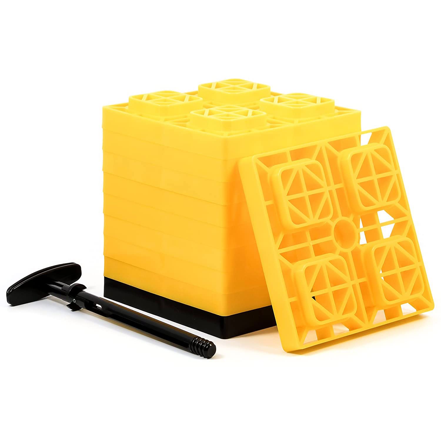 Camco 44512 Fasten 2 X 2 Durable Plastic Rv Mobile Home Camper Leveling Interlocking Stabilizer Blocks W/ T Handle For Single Tires, Yellow (10 Pack)