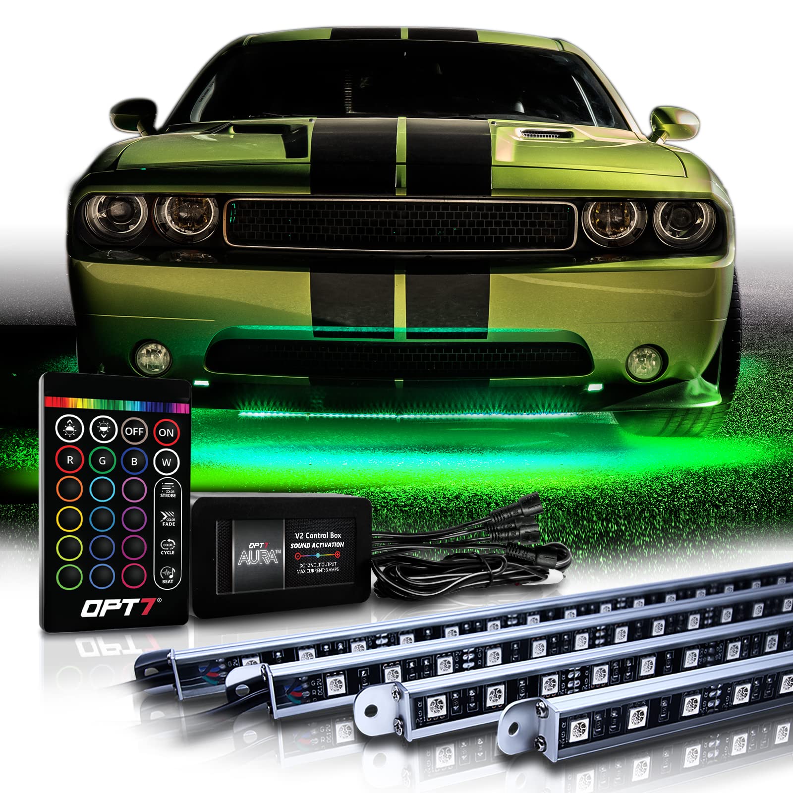 Opt7 Aura Aluminum Led Underglow Kit For Car With Remote Control, Exterior Neon Accent Under Glow Lights, Rigid Waterproof Strip