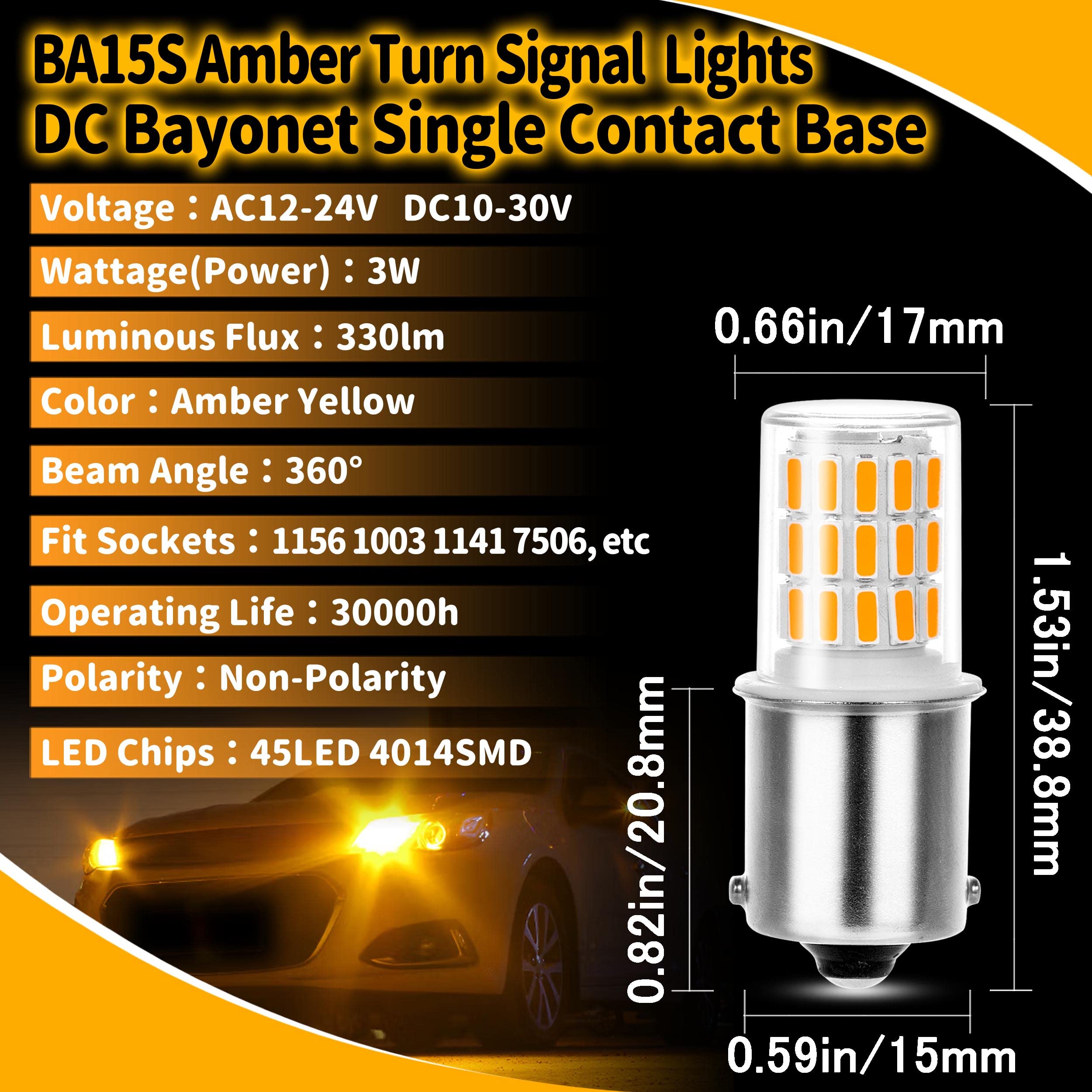 12 Volt 1156 Ba15S Amber Yellow 1003 1141 7506 Led Bulbs, Dc Bayonet Single Contact Base,Ac10-24V Dc10-30 Volt Led Replacement F