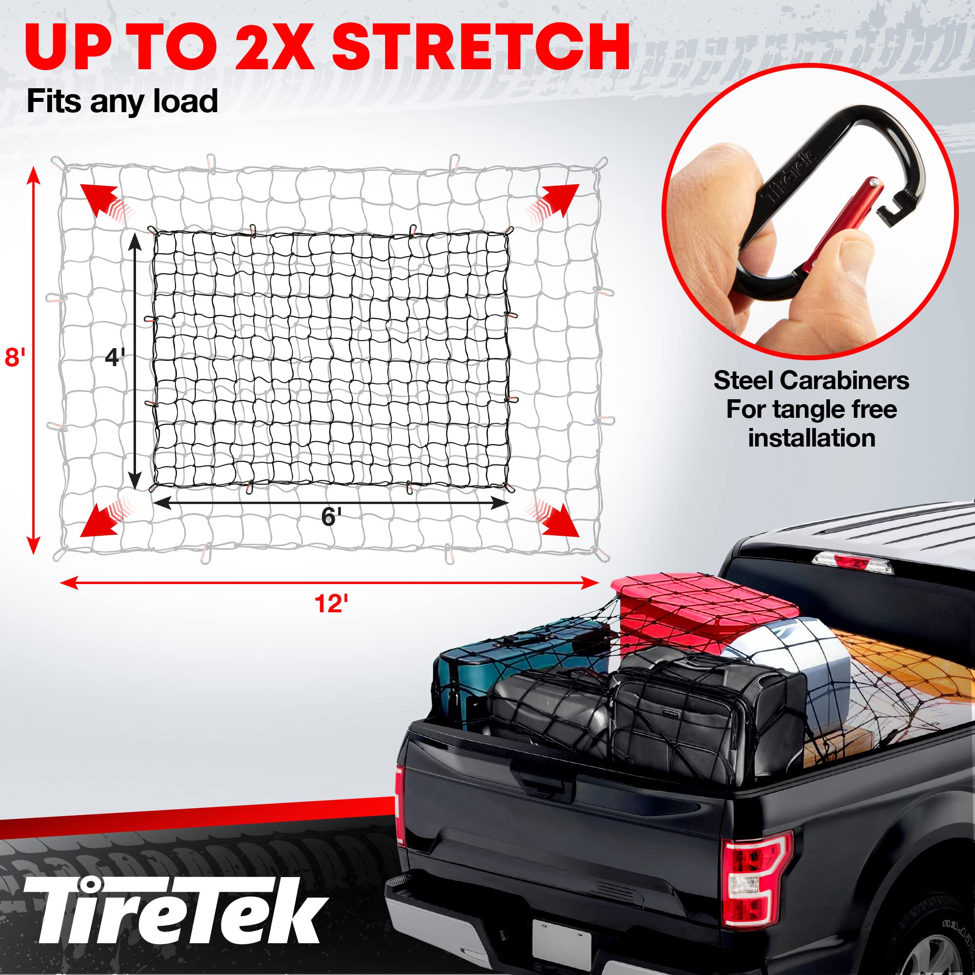 Tiretek Truck Accessories For Men, Heavy-Duty Cargo Net For Pickup Truck Bed Net, 4' X 6' Stretches To 8' X 12' W/ 12 Metal Cara