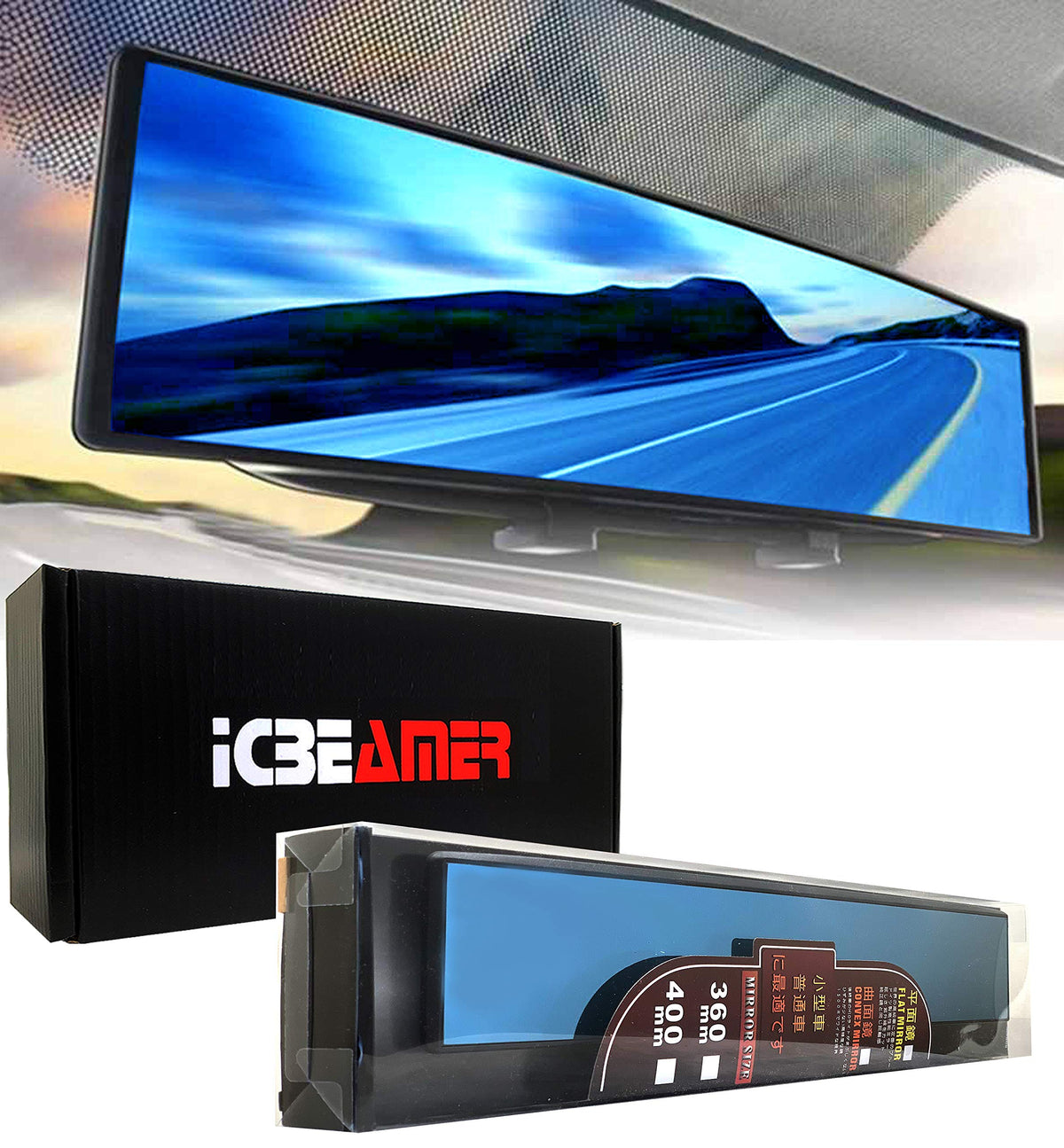 Icbeamer 15.8'' 400Mm Easy Clip On Wide Angle Panoramic Blind Spot Fit Auto Interior Rearview Mirror Convex Anti-Glare Blue Surf