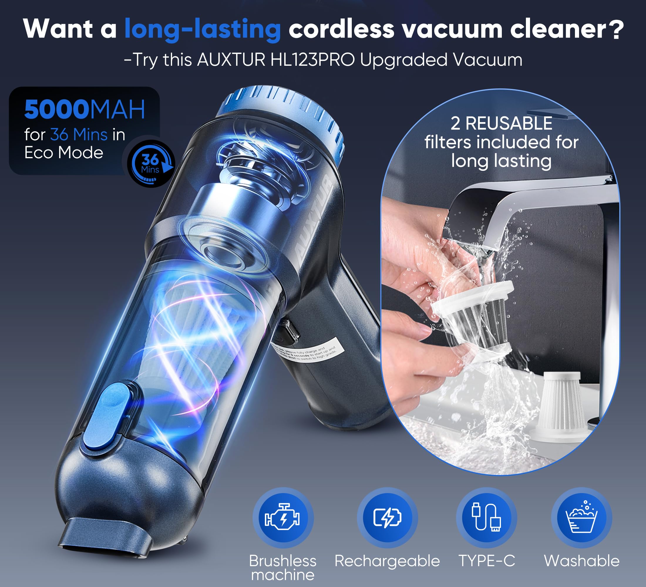 AUXTUR Car Vacuum Cordless, 4 in 1 Handheld Vacuum with Brushless Motor in 14000PA Powerful Suction, Mini Vacuum Cleaner with On