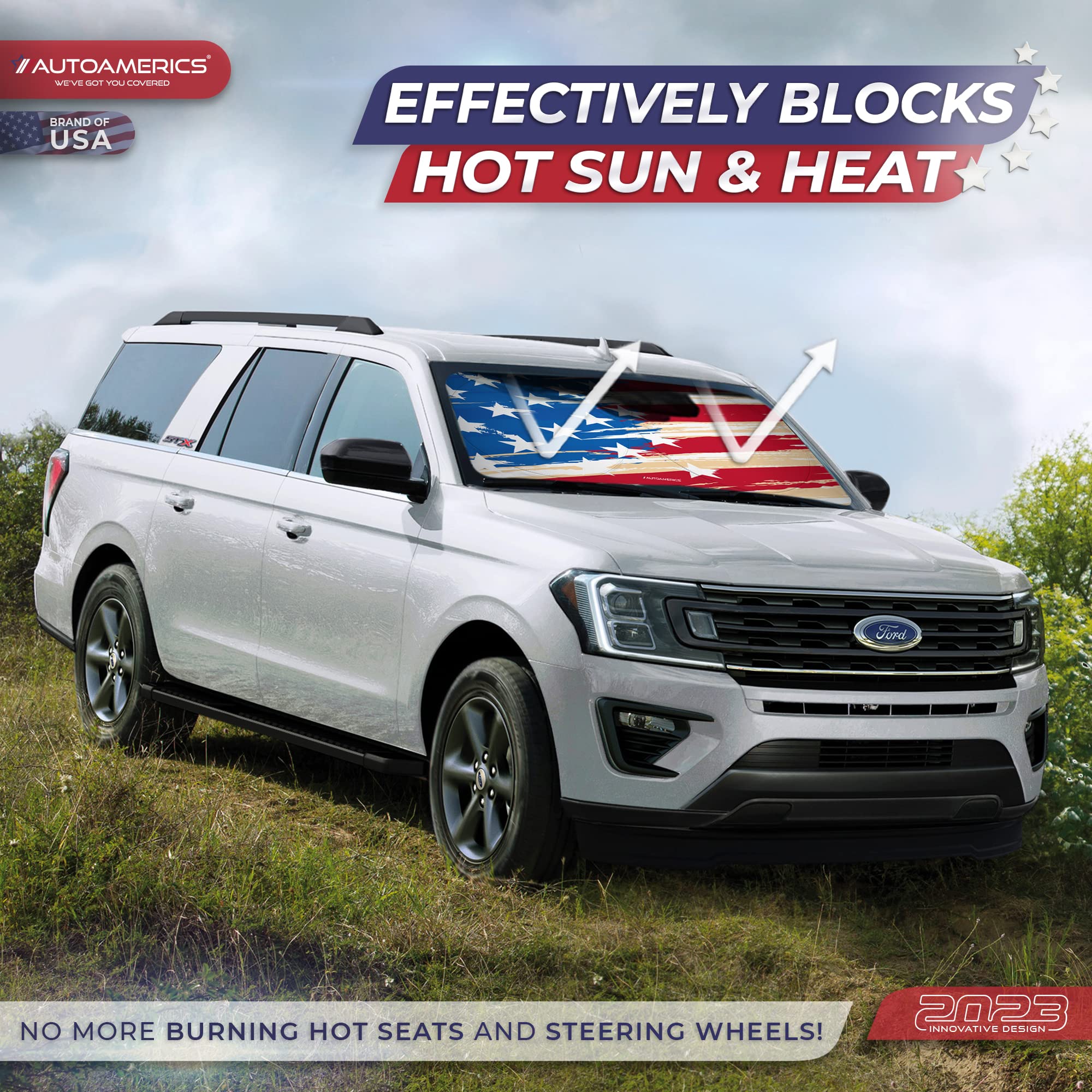 Autoamerics 1-Piece Windshield Sun Shade Usa Art Flag - 1 American Design - Foldable Car Front Window Sunshade For Most Sedans S