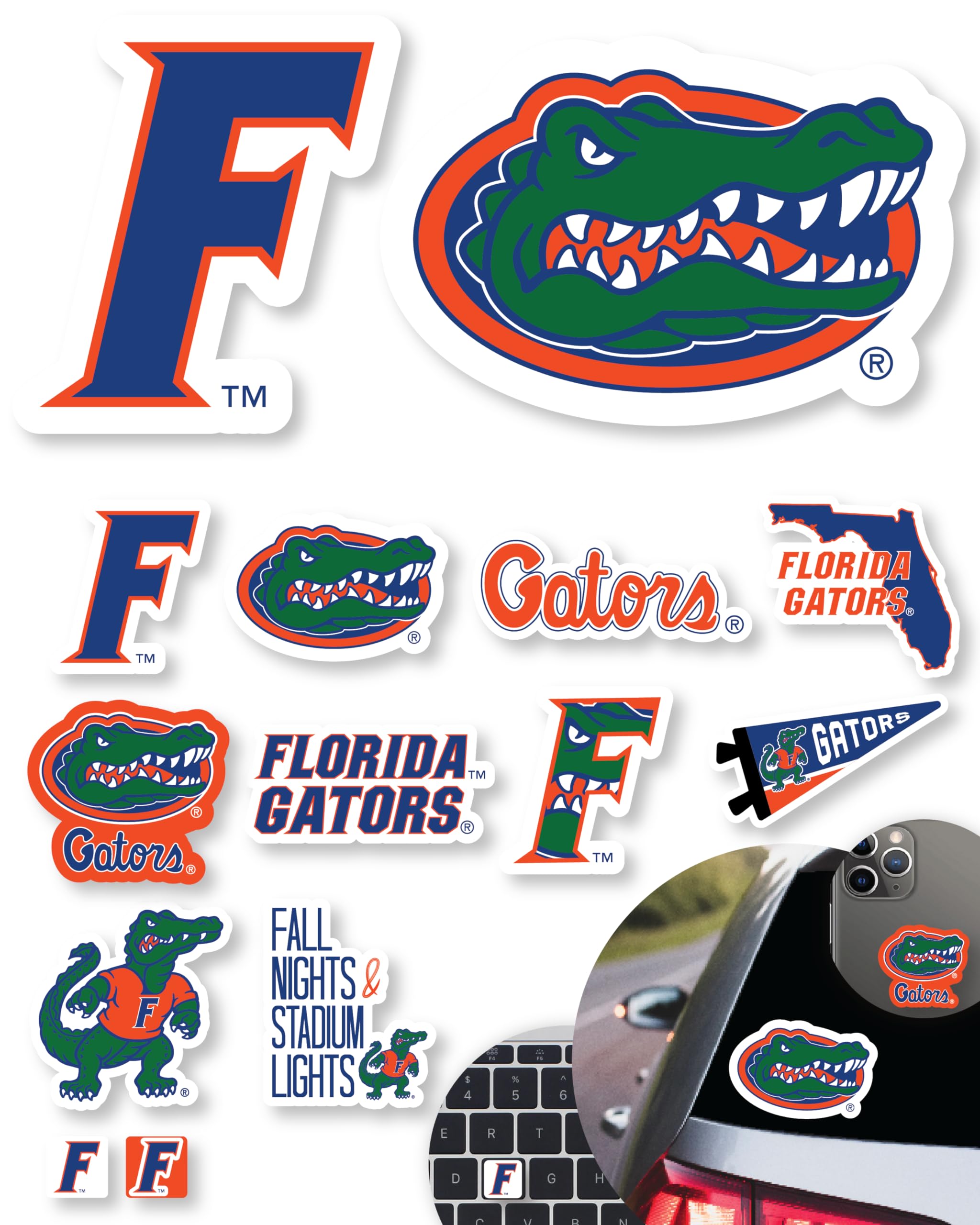 Florida Gators Stickers (14 Stickers) 2 Large 5'' For Car Windows 10 Medium 2.5'' For Water Bottles Laptops Phones 2 Mini Keyboa