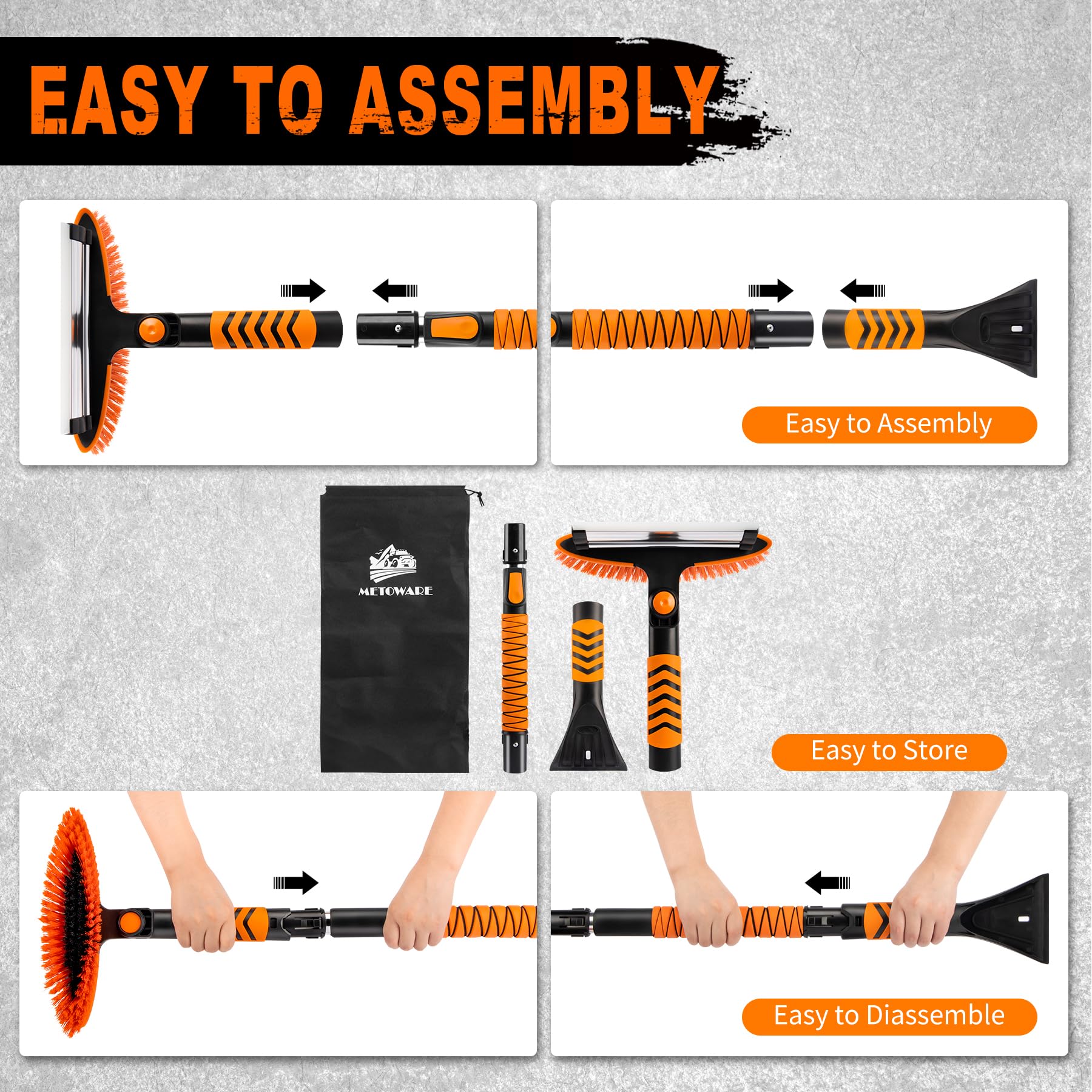 Metoware 42.2'' Snow Brush And Ice Scrapers For Car Windshield, Extendable Snow Brush For Car With Ergonomic Foam Grip And 360 P