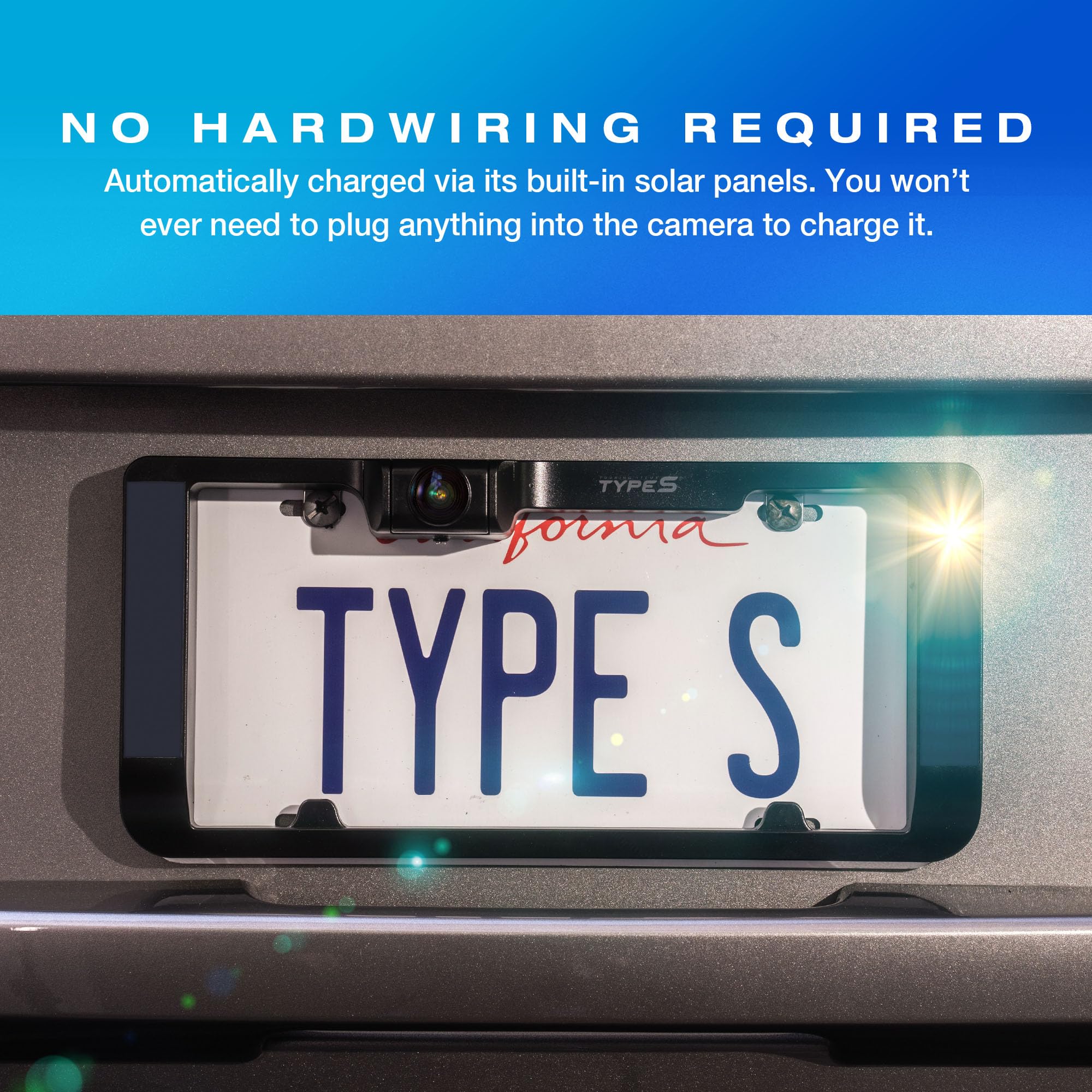 TYPE S True Wireless Solar Backup Camera | License Plate Frame | Self-Charging | 720p Night Vision | Easy 3-Minute Installation