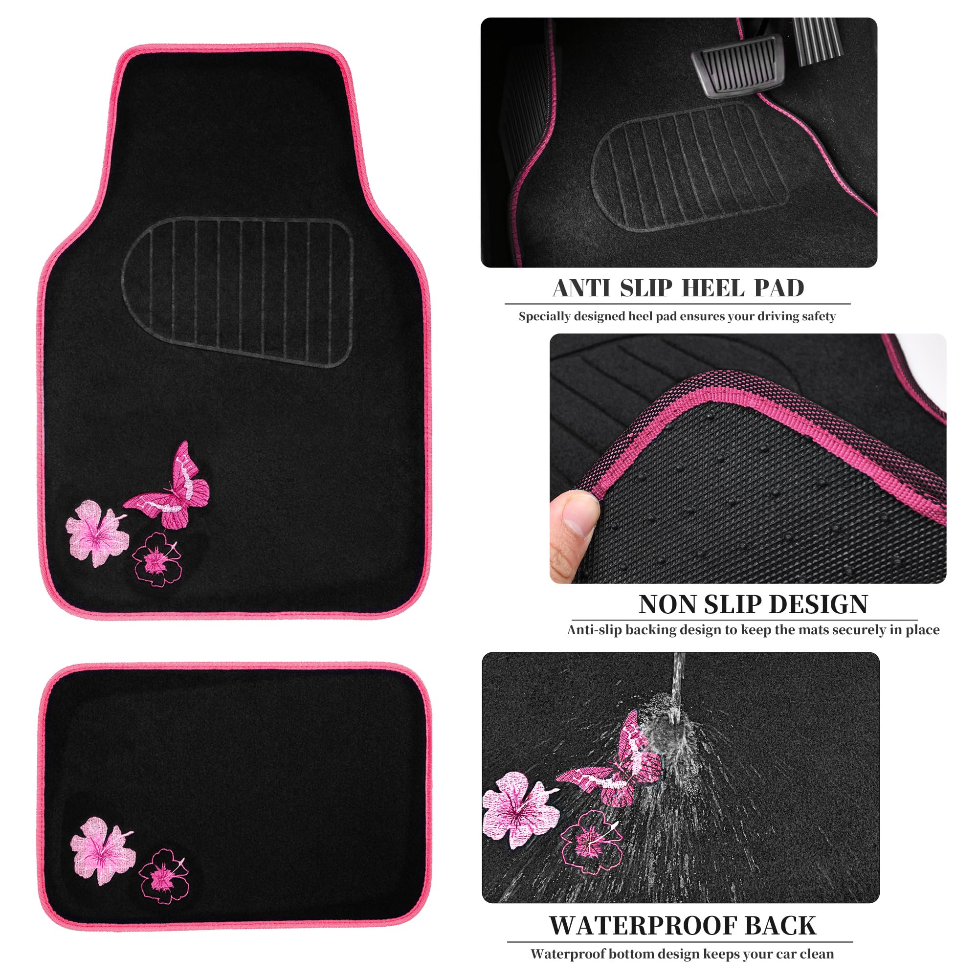 Car Pass Embroidery Butterfly Steering Wheel Cover And Waterproof Car Floor Mats,Pink Car Mats 14.5-15Inch Steering Wheel Covers