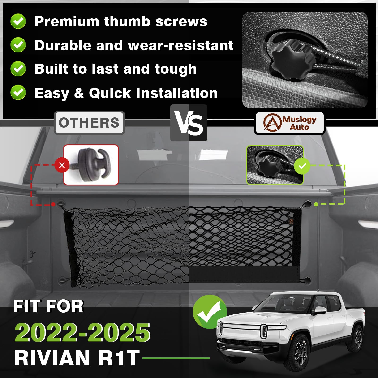 Muslogy Truck Bed Cargo Net Compatible With Rivian R1T 2022-2024 2025 Accessories Storage Organizer Pickup Truck Bed Envelope St