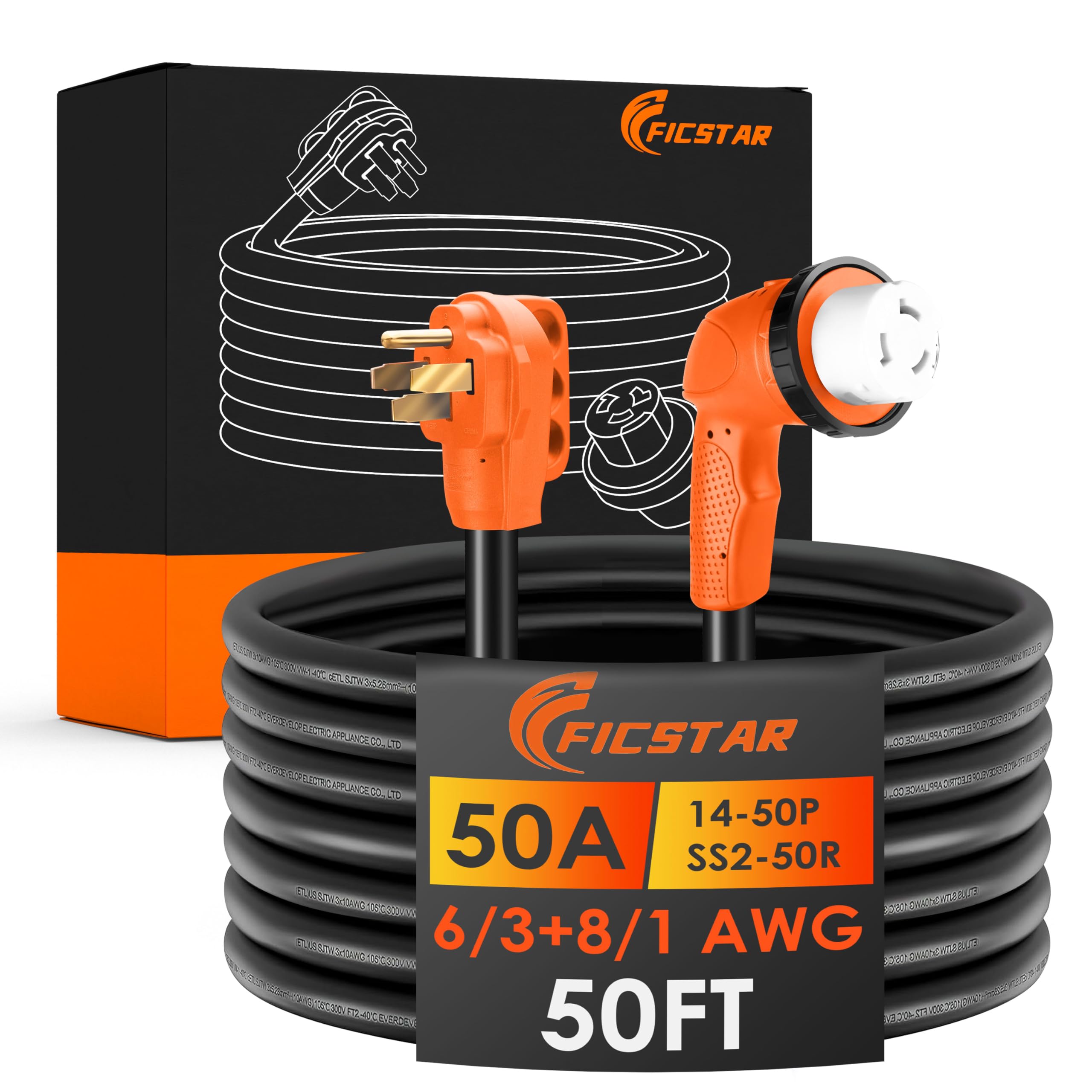 50 Amp RV Extension Cord 50 ft, Heavy Duty 6/3+8/1 SJTW AWG RV Power Cord with Grip Handle Twist Lock, NEMA 14-50P to SS2-50R wi
