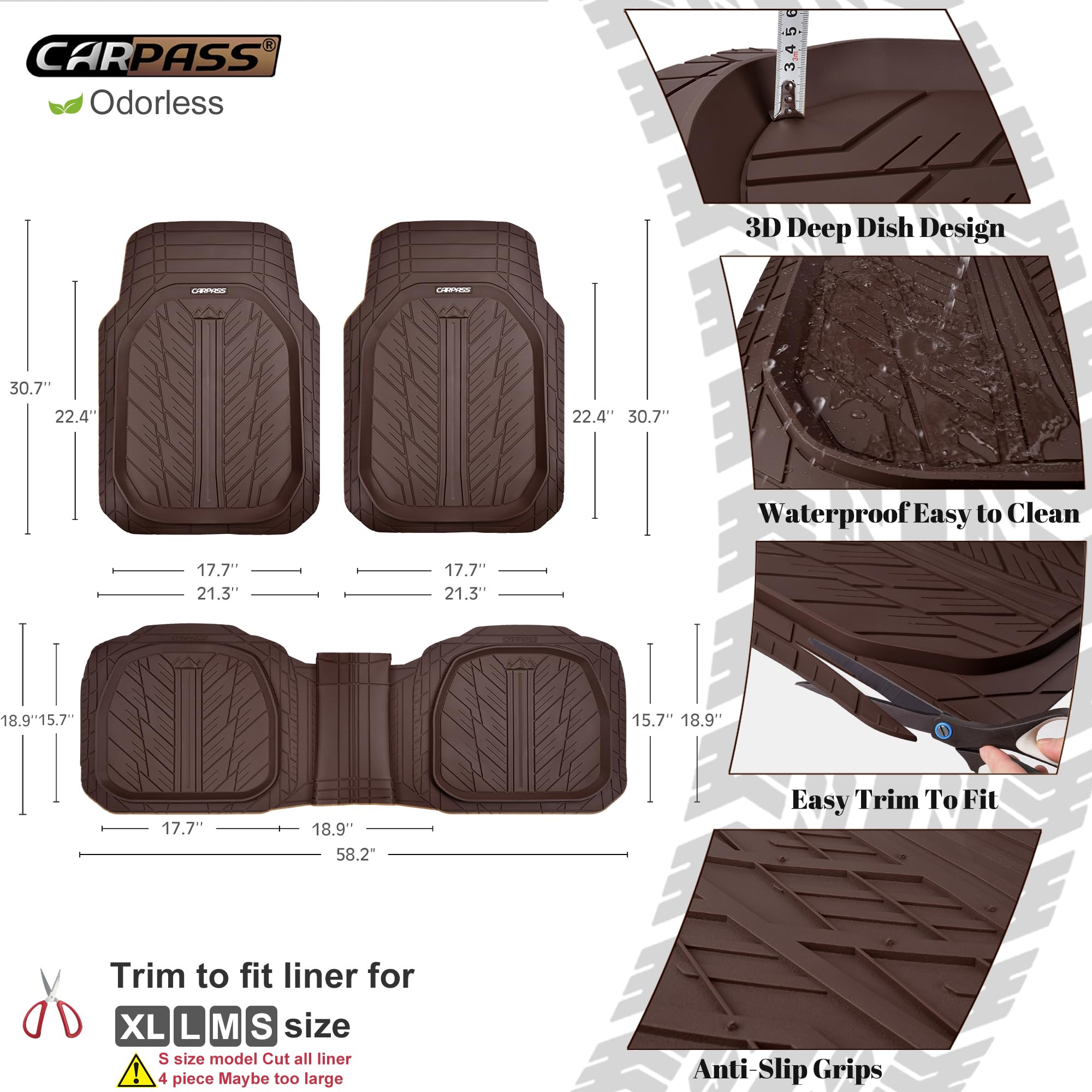 Car Pass Deepdish Floor Mats For Cars Full Set,Heavy Duty Rubber Car Mats 3-Piece,Universal Waterproof Trim-To Fit Automotive Fl