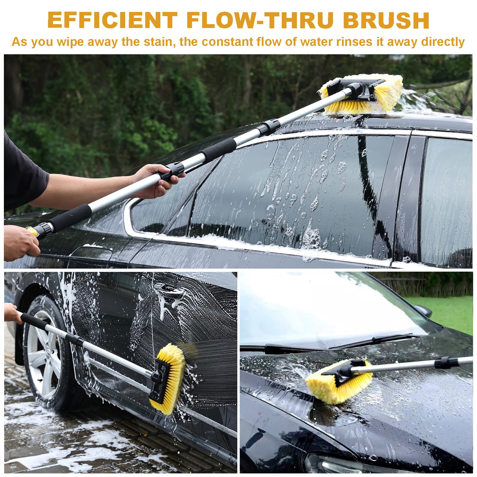 NAVAPAL 54 Yellow Car Wash Brush with Water Flow-Thru, Hose Attachment for Cars, RVs, Boats, and Solar Panels