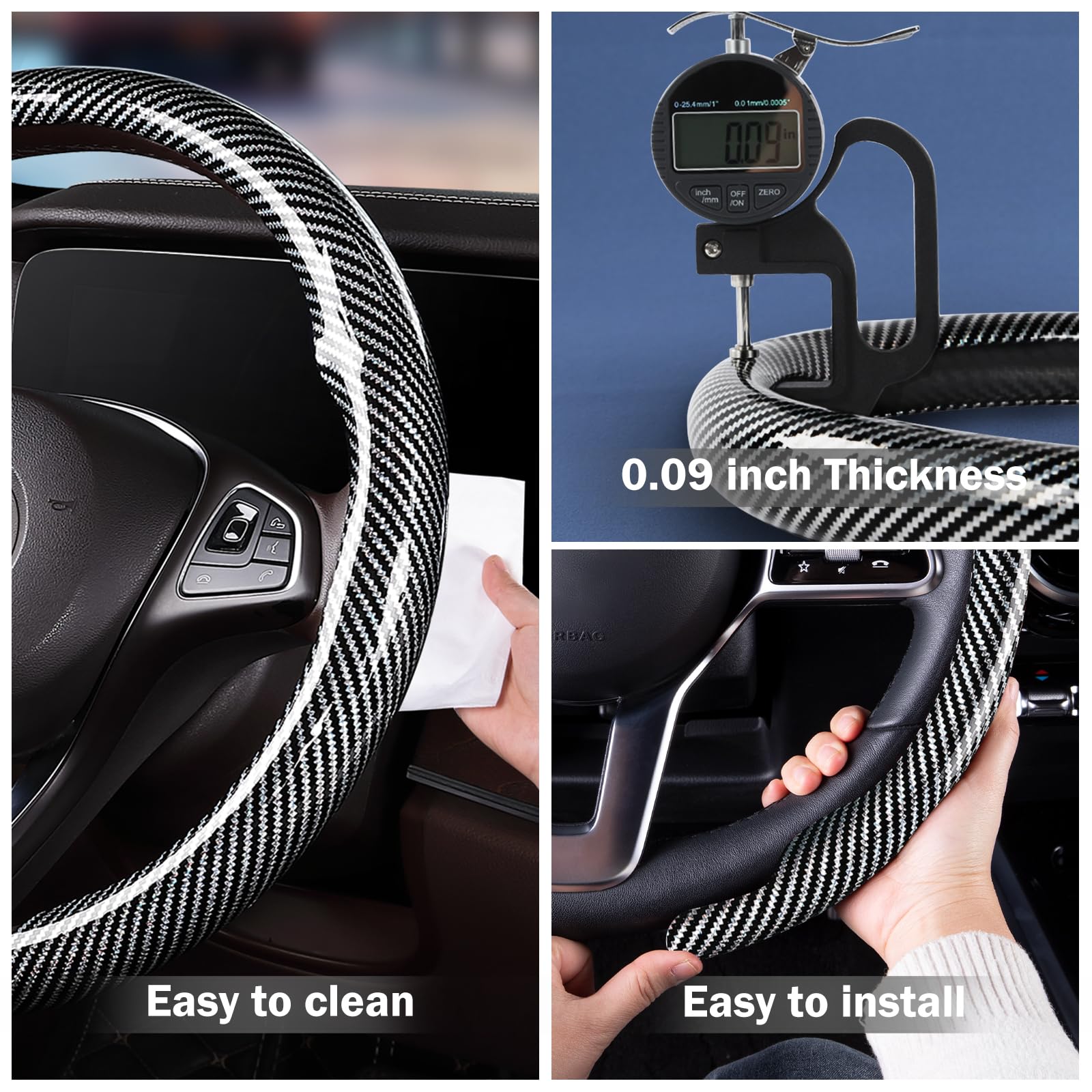 Car Steering Wheel Cover Carbon Fiber Snap On Steering Wheel Accessories Wrap 14.5-15 inch Universal Grip Anti-Skid Protector, G