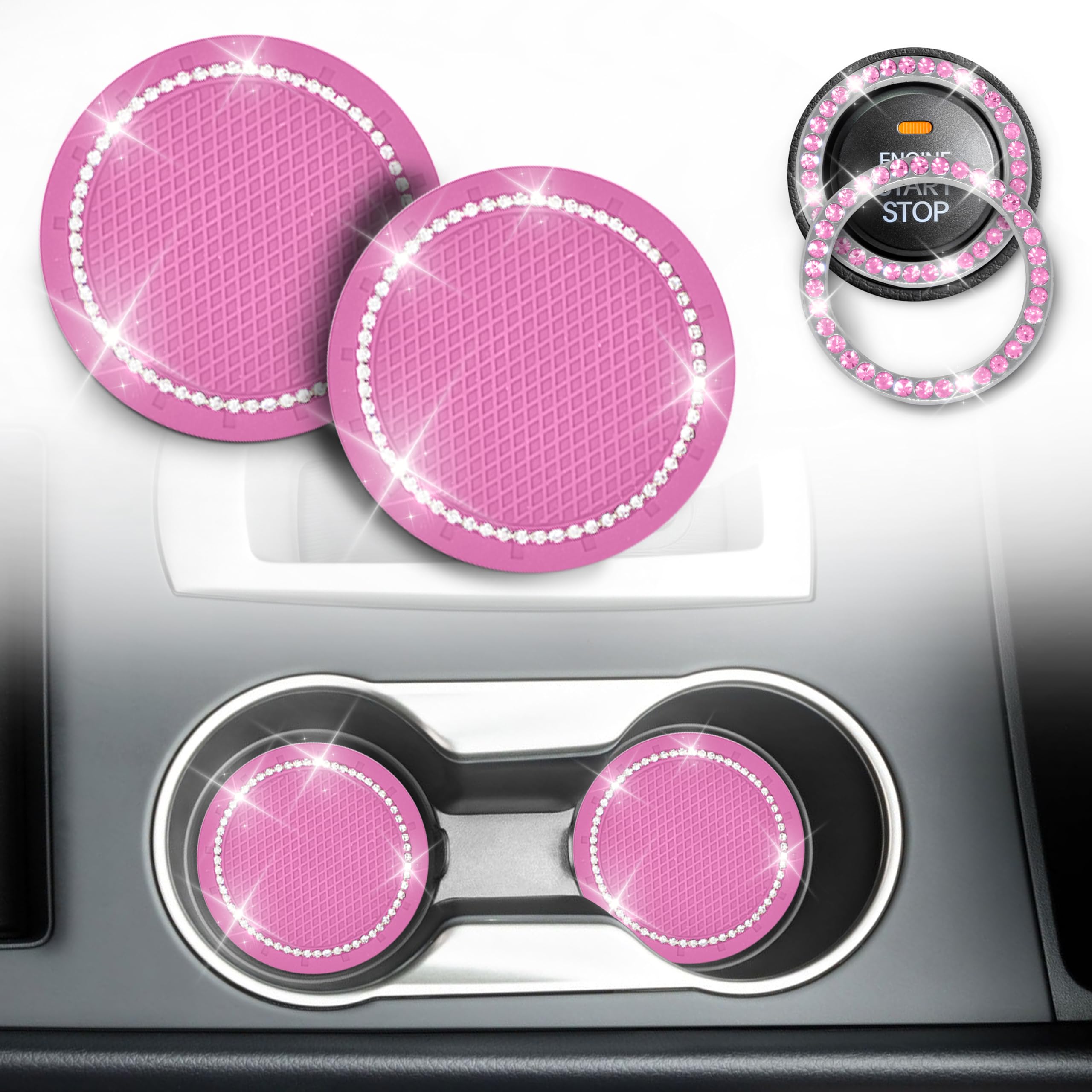 EcoNour Car Cup Coasters (2 Pack) with Pink Push Start Button Bling Ring (1 Pack) | Pink Car Interior Accessories for Women | Cl