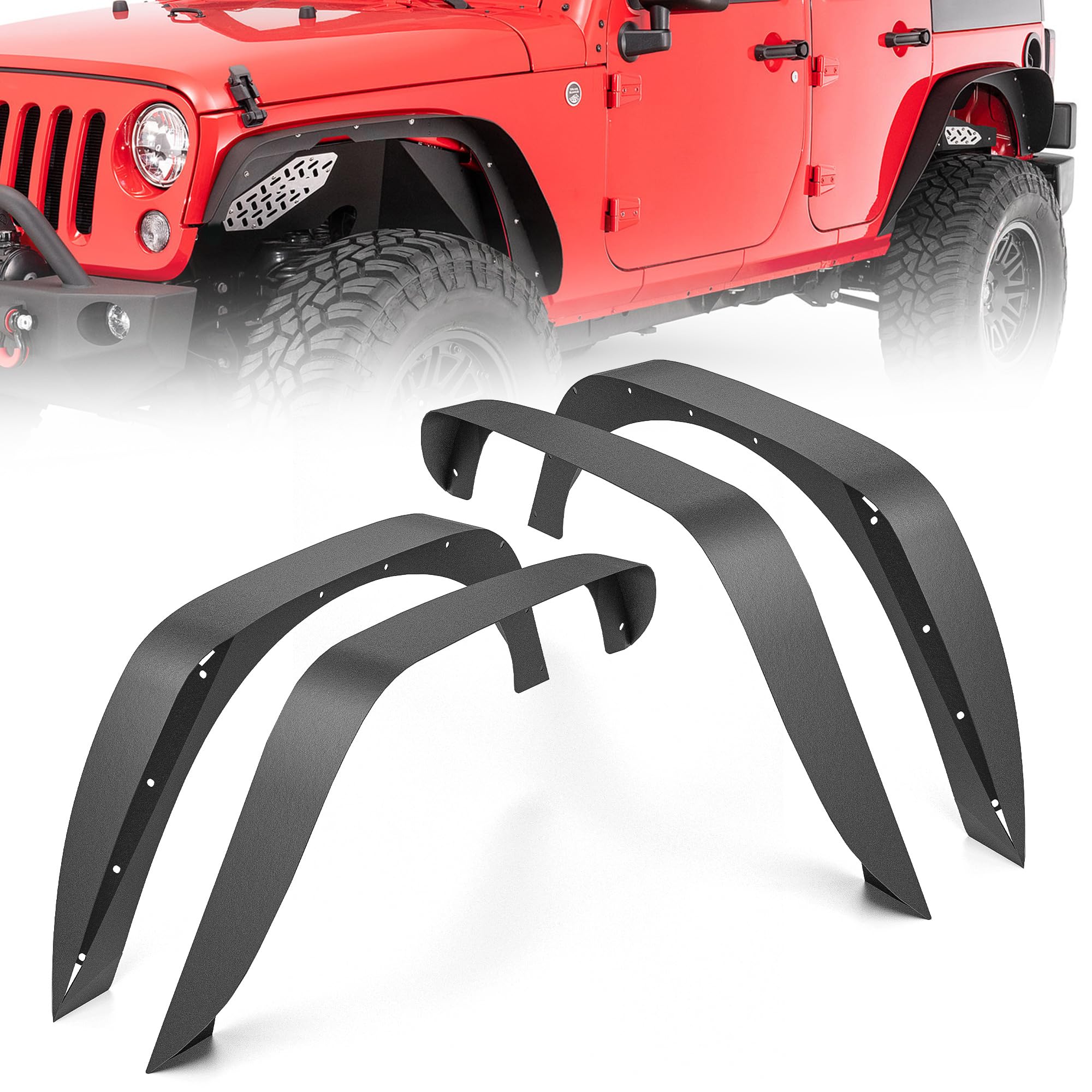 YZONA for JK 4-Piece Flat Style Front and Rear Fender Flares Kit Compatible with 2007-2018 Jeep Wrangler JK JKU Unlimited (2/4 D