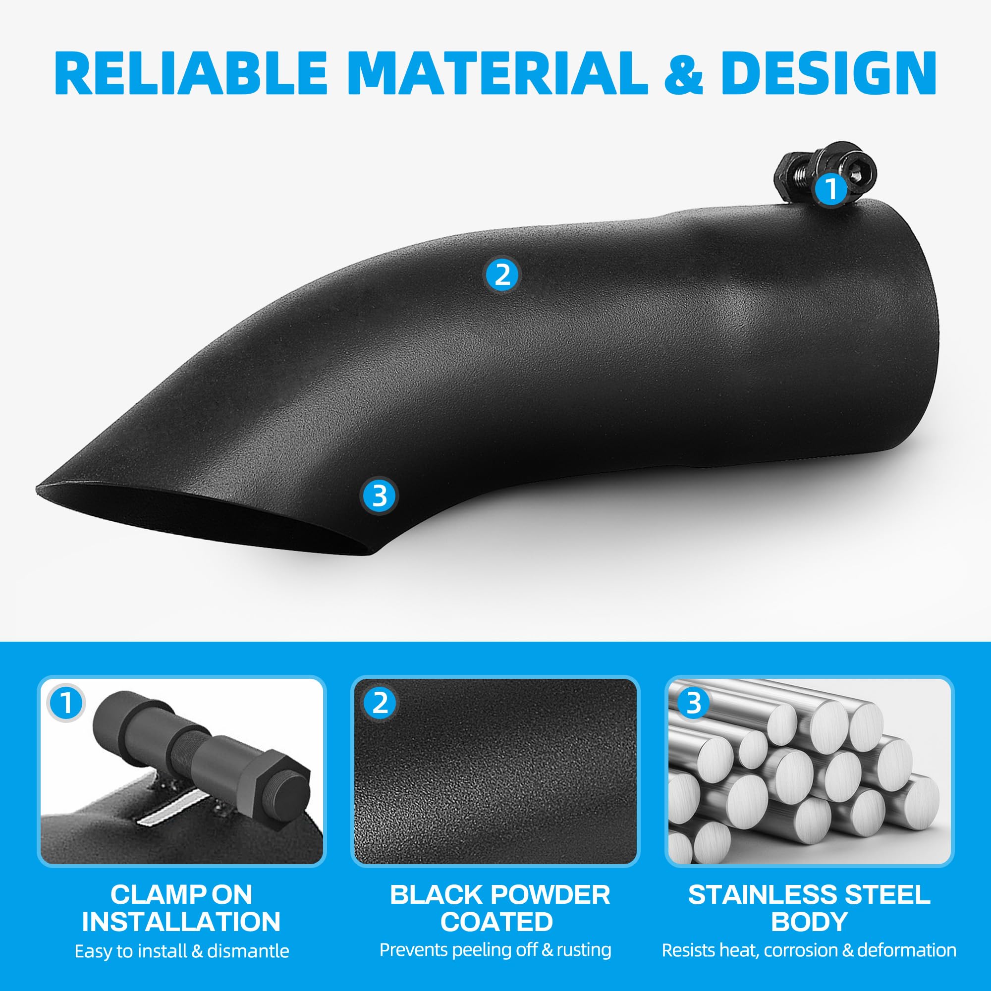 AUTOSAVER88 2.5 Inlet Turn Down Universal Diesel Truck Exhaust Tip, 2.5in Outlet x 9in Overall Length Stainless Steel, Fits 2.