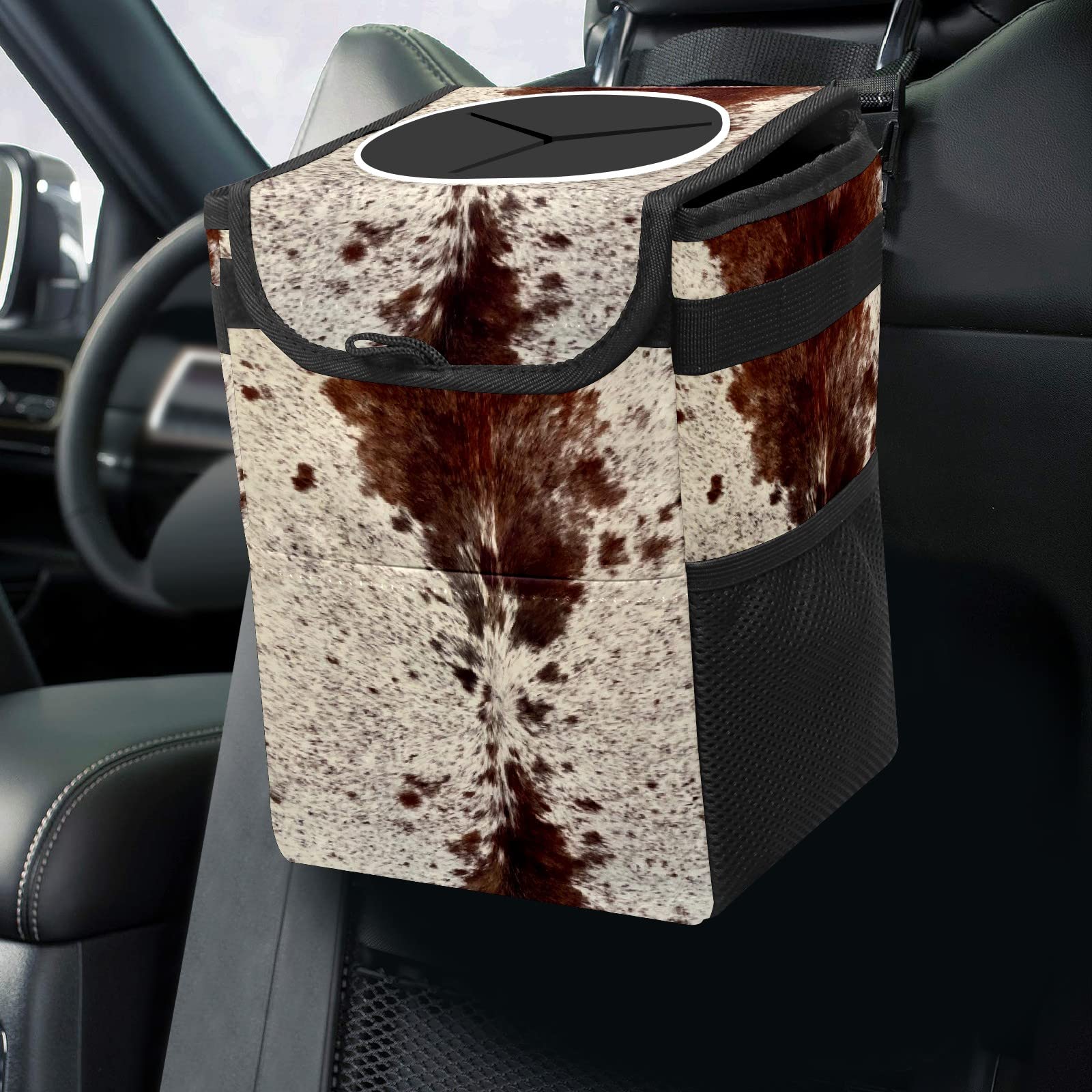 GACTIVITY Western Brown Beige Cow Print Car Trash Can with Lid Collapsible Reusable Waterproof Car Garage Bag,Automotive Garbage