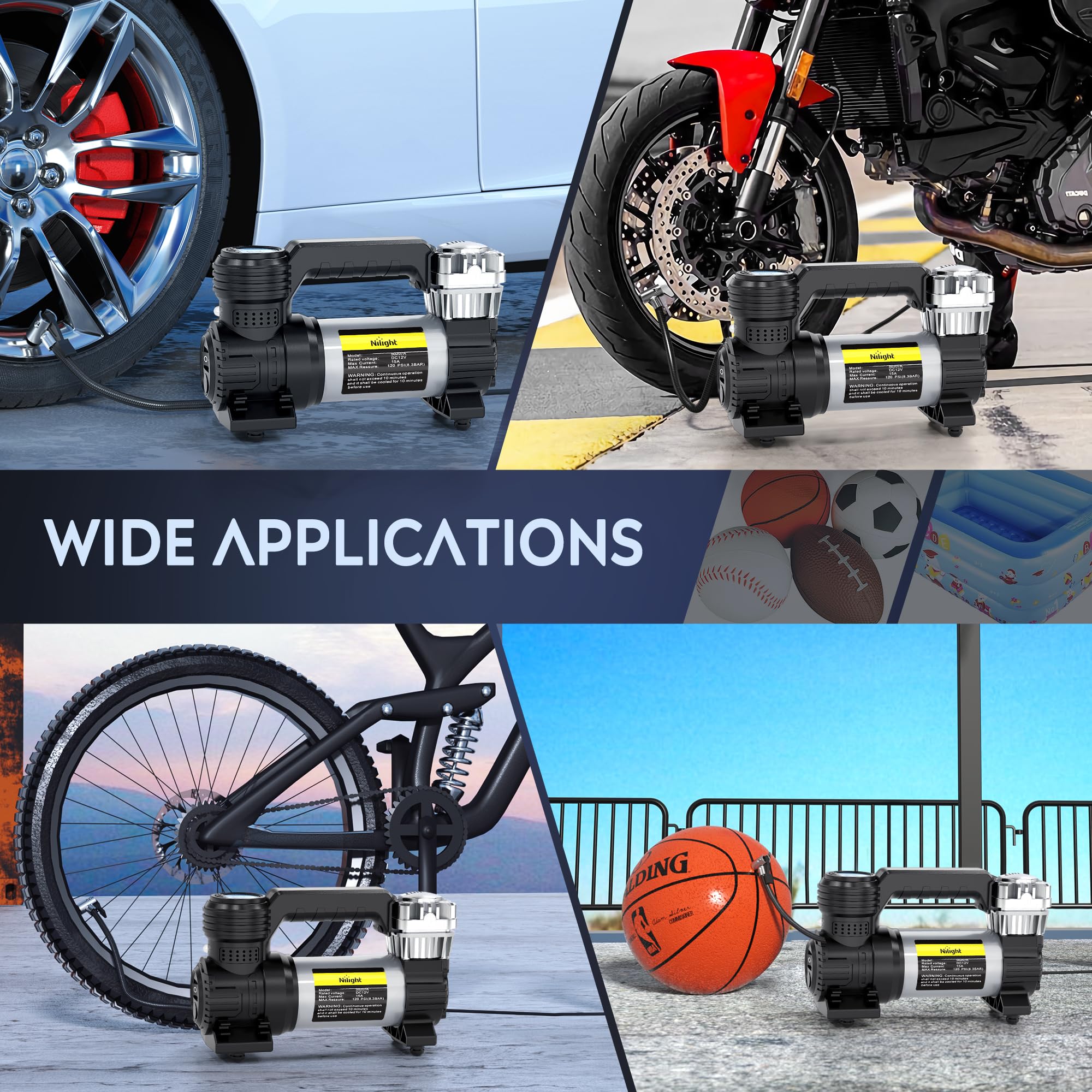 Nilight Portable Air Compressor Tire Inflator 12V Heavy Duty 120Psi Metal Pump Double Cylinder Digital Pressure Fast Inflate Aut