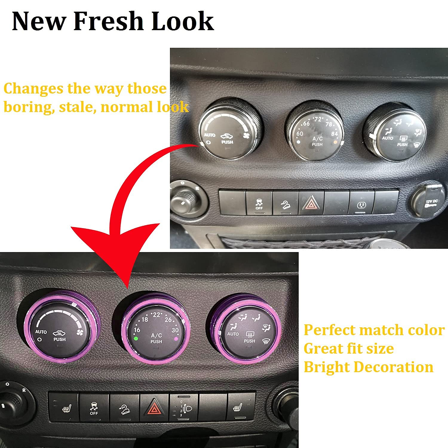 Ac Climate Control Knob Ring Air Conditioner Switch Volume Cover Compatible With 2011-2017 Jeep Wrangler Jk Jku/Dodge Challenger 2008-2014 Interior Conditioning Accessories Trim (3Pcs/Set, Pink)