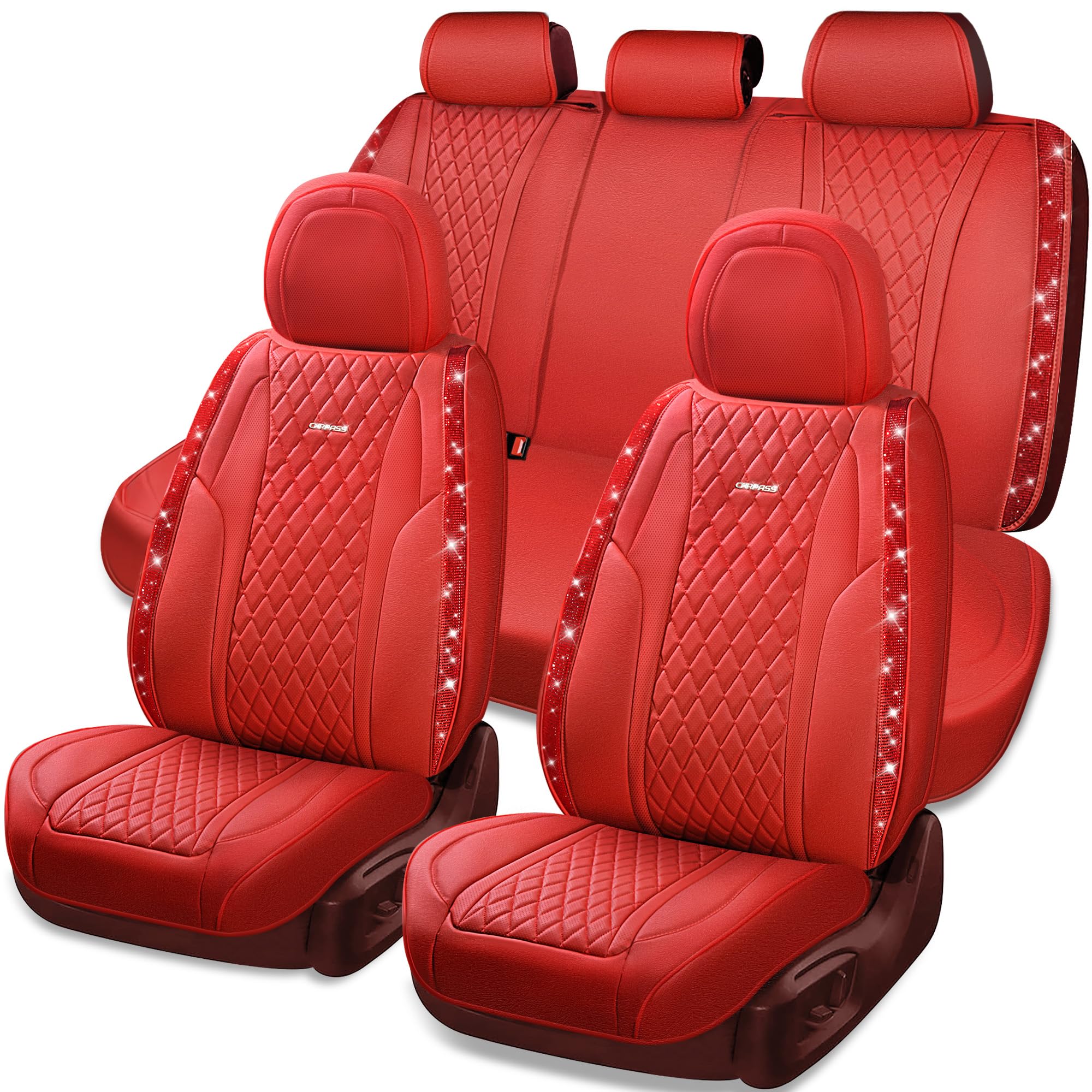 Car Pass Diamond Nappa Leather Bling Car Seat Covers Full Set Universal Cushioned, Waterproof Heavy-Duty Anti-Slip Luxury Leathe