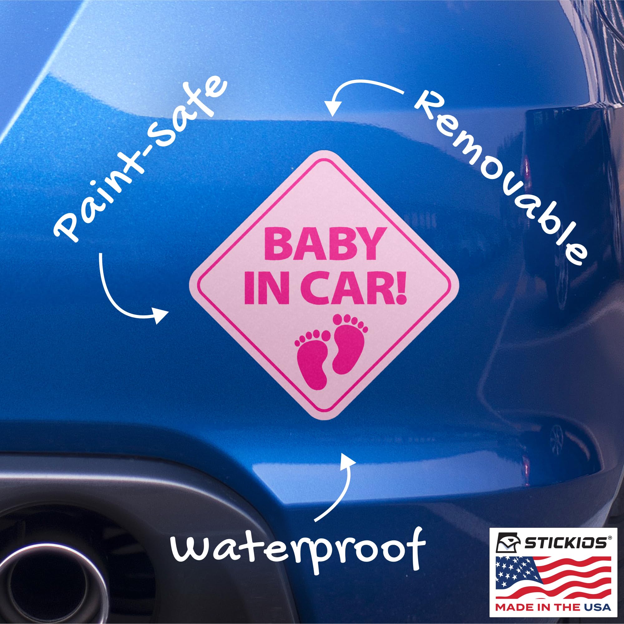 Stickios Baby On Board Stickers - Removable Non-Magnetic Paint-Safe Signs For Cars & Windows - Made In Usa - Baby Girl Footprint