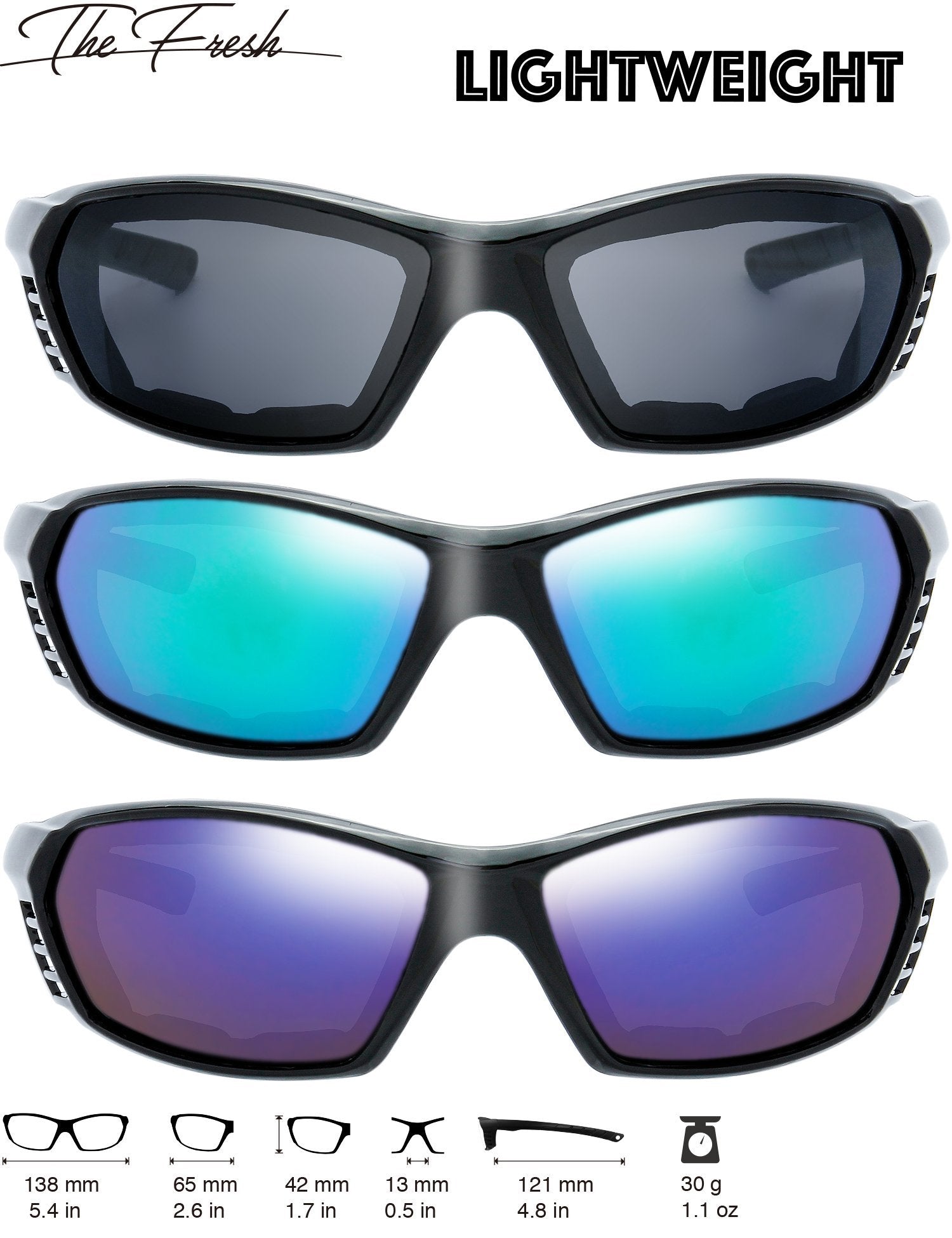 The Fresh 3 Pairs Motorcycle Riding Glasses Padded Frame Lens Block 100% Uvb For Outdoor Activity Sport (9-Shiny Black, Grey, Gr