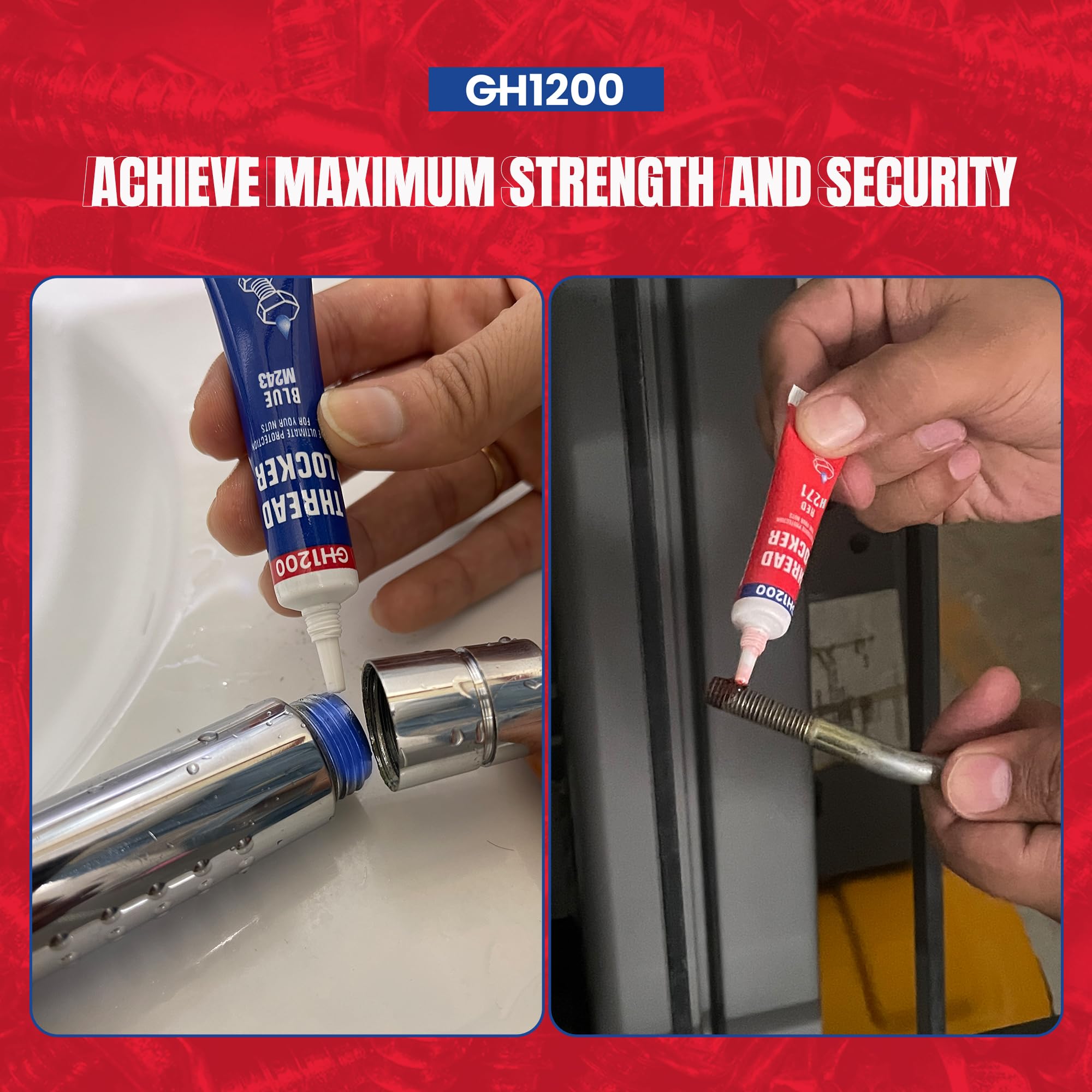 Gh1200-6Gx2 Pack Thread Lock Medium And Strong Strength For Nuts, Bolts, And Metals, Threadlocker Lock Tight & Seal Fasteners Wi