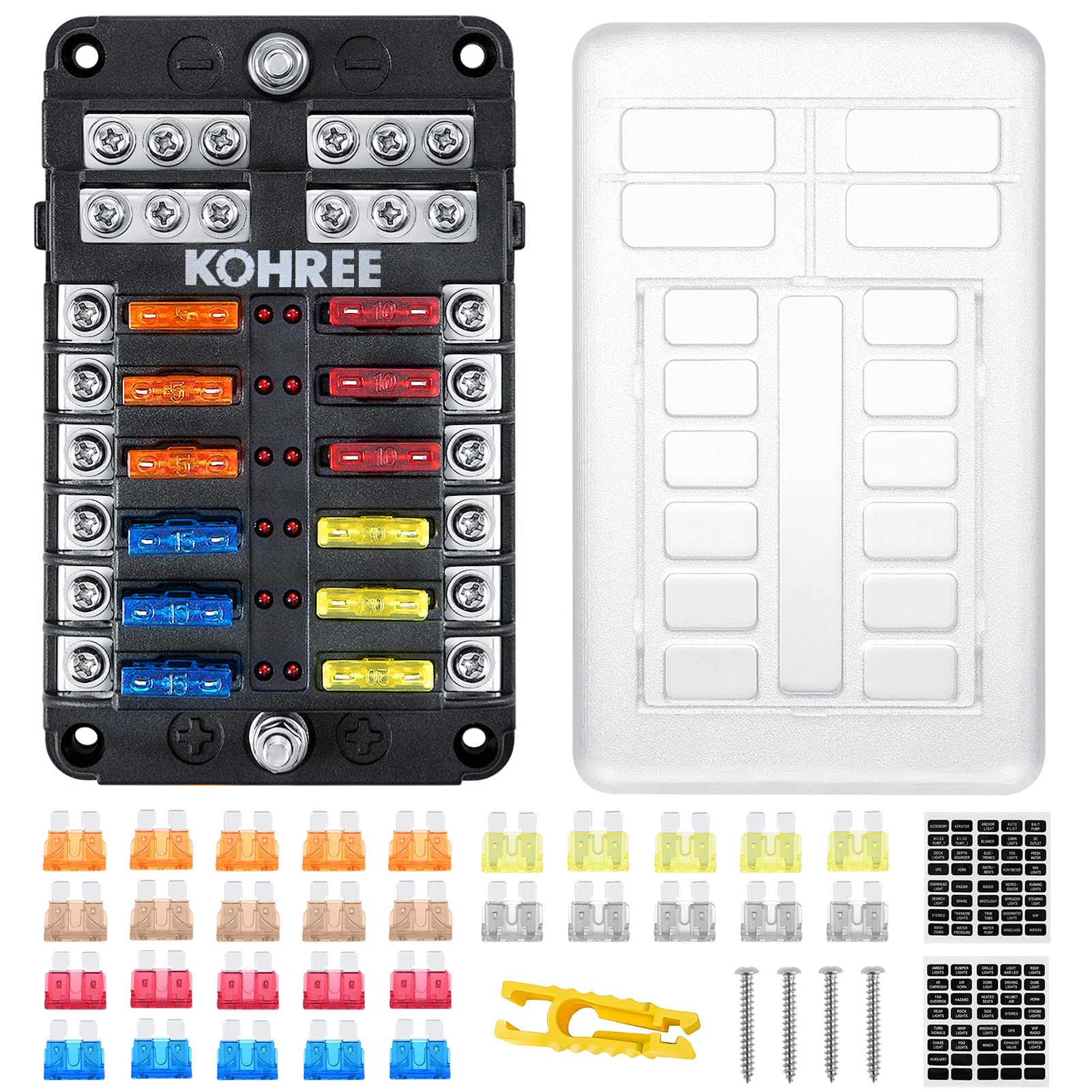 Kohree 12 Way 12V Fuse Block Marine, Boat Fuse Block Waterproof With Led Indicator, 30Pcs Fuses 5A 7.5A 10A 15A 20A 25A, Automot