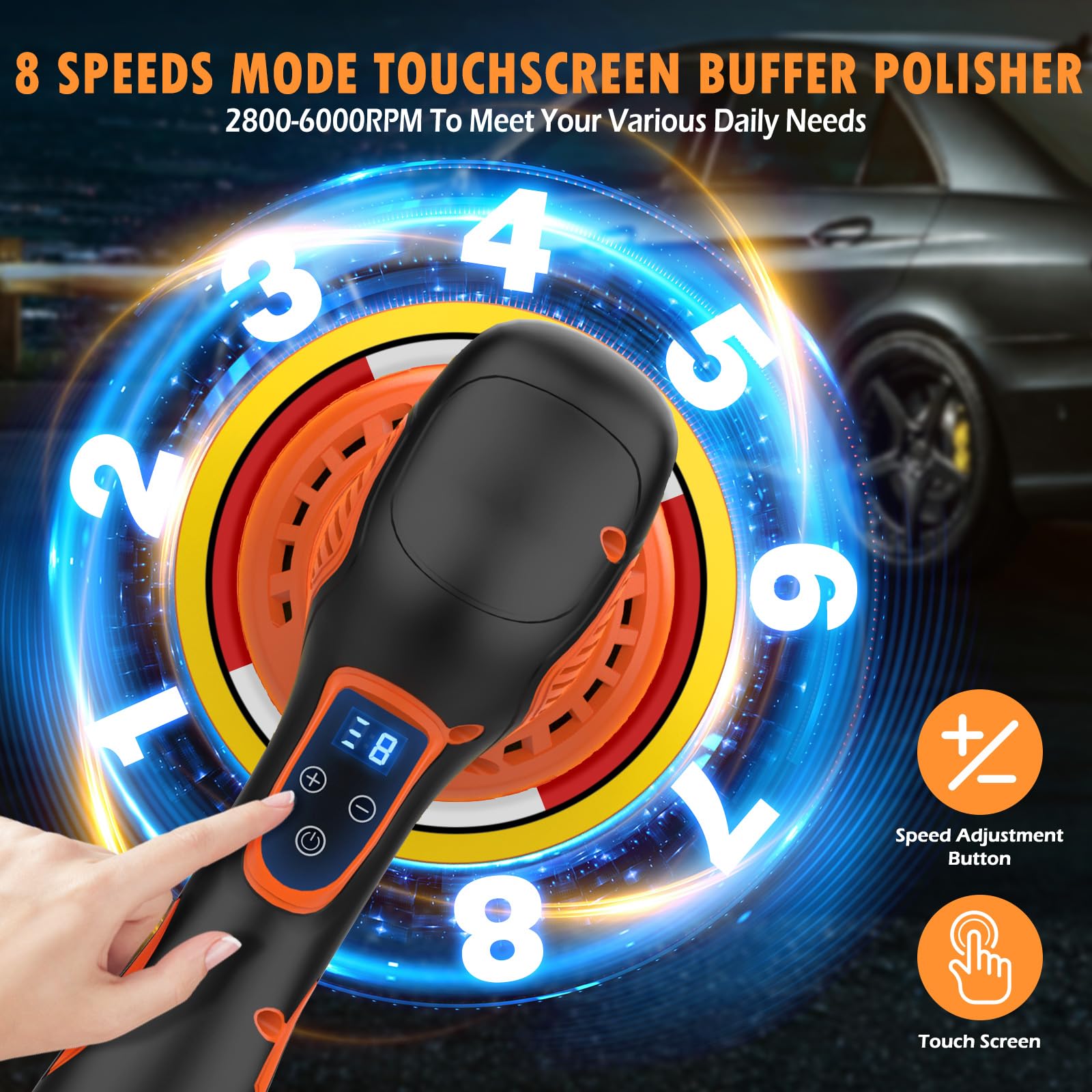 Cordless Car Buffer Polisher, Car Polishing Kit With 21V 2 X 4.0Ah Batteries, Orbital Eccentric Buffers With 8 Variable Speed Up