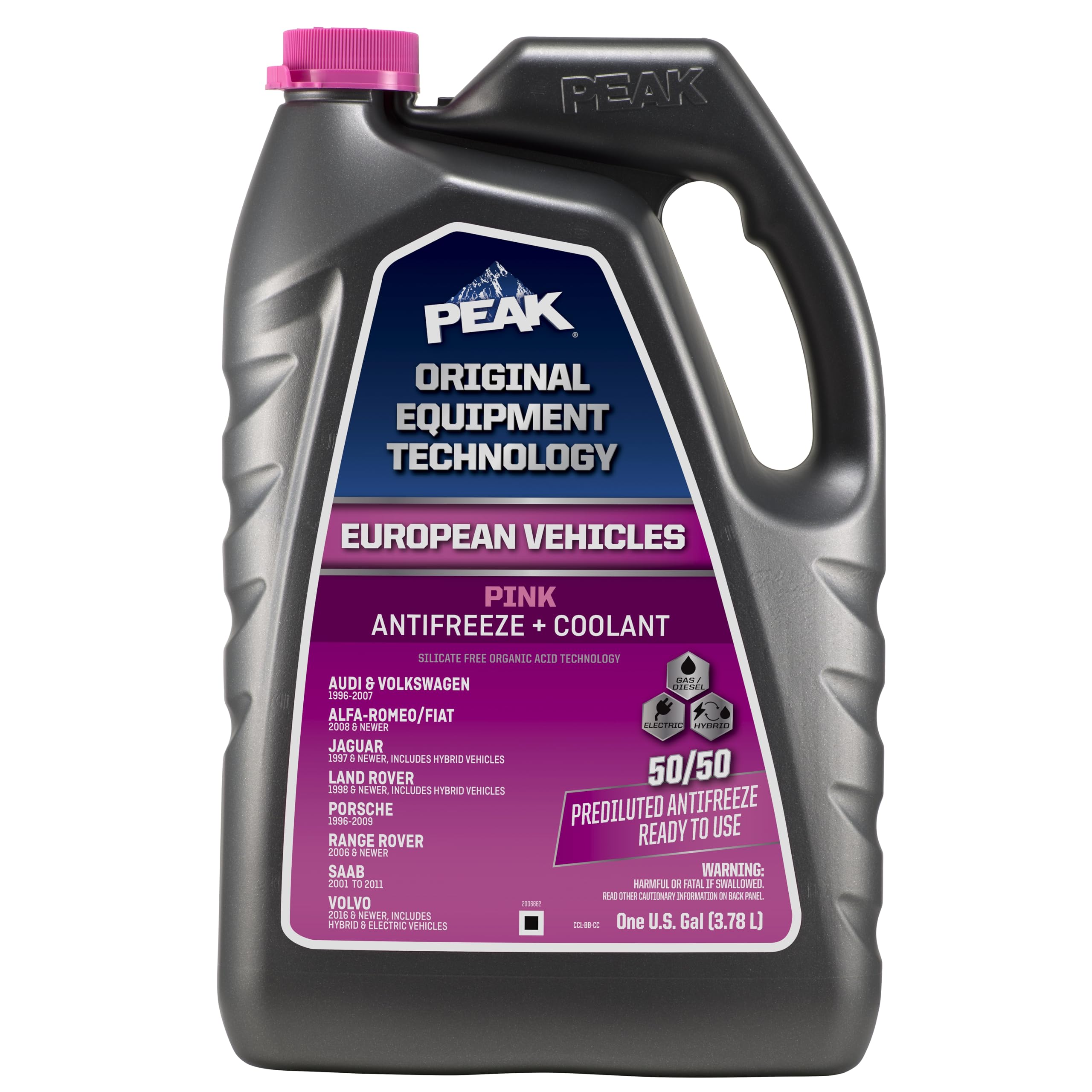 Peak Oet Extended Life Pink 50/50 Prediluted Antifreeze/Coolant For European Vehicles, 1 Gal.