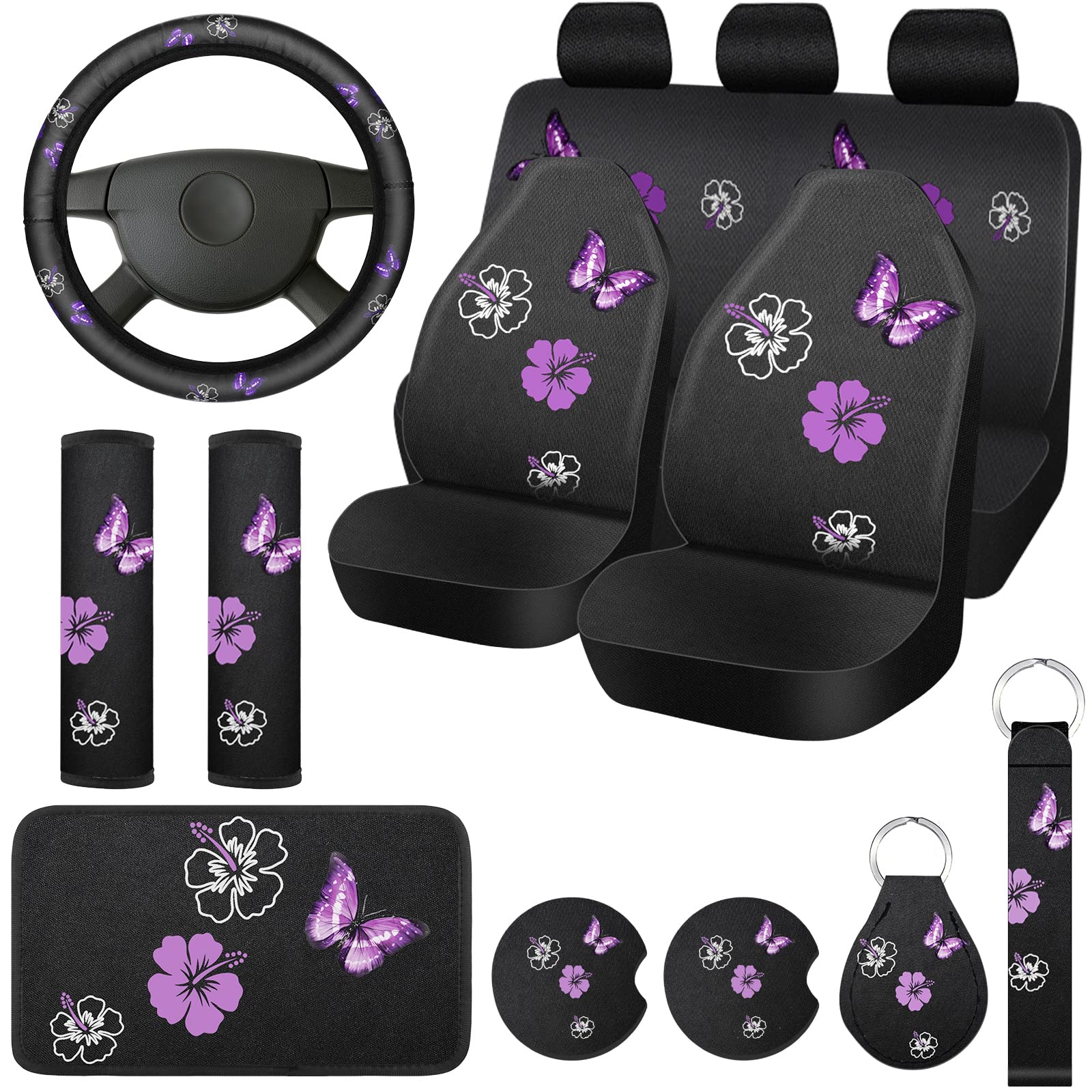 15 Pcs Full Set Butterfly Car Seat Covers for Front Rear Steering Wheel Cover Wrist Strap Coasters Armrest/Shoulder Pads in Butt