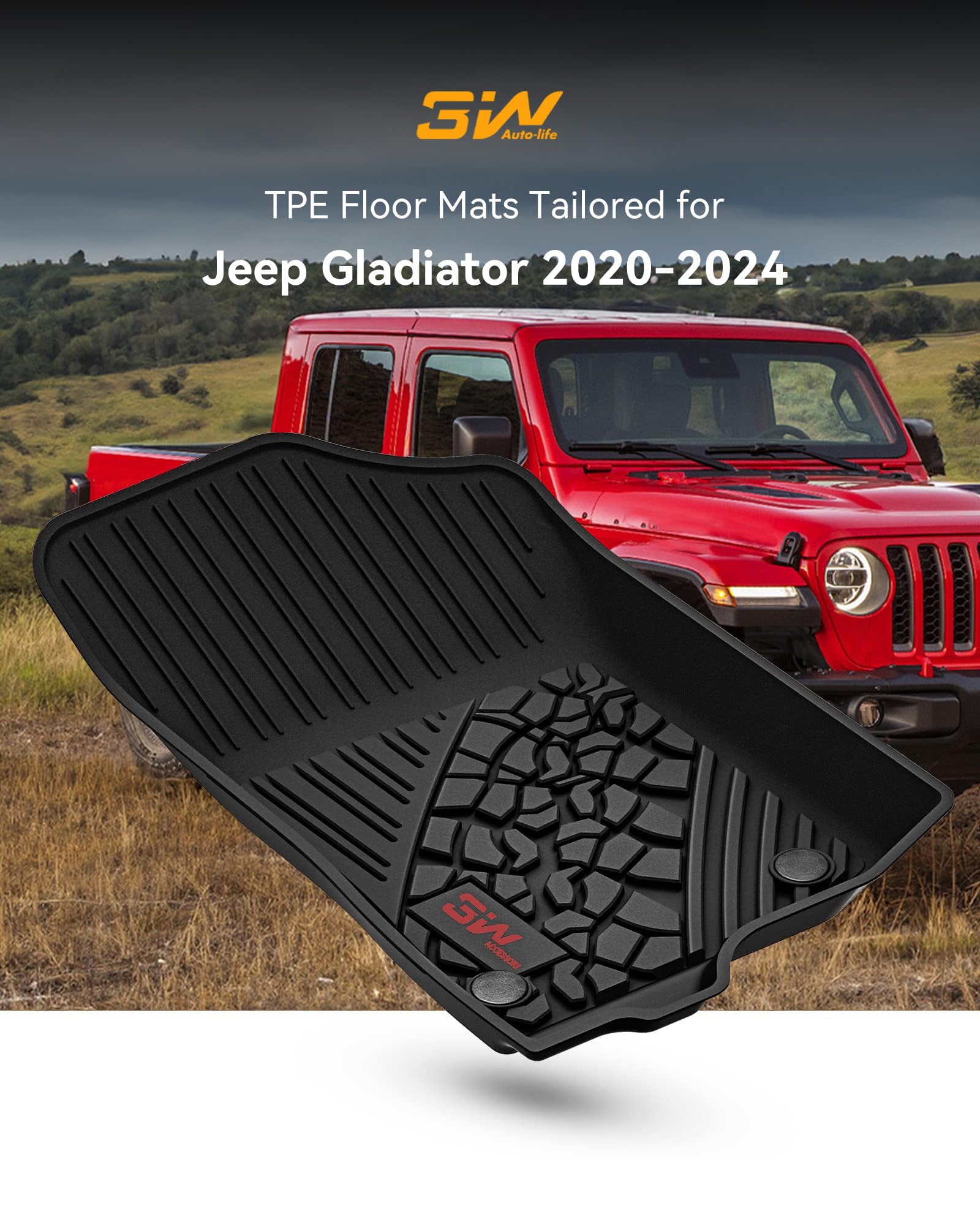 3W Floor Mats Compatible For Jeep Gladiator 2020-2024, Custom Fit Tpe All Floor Liner For Weather Jeep Gladiator,1St & 2Nd Row Full Set Car Liners With Red Logo,Black