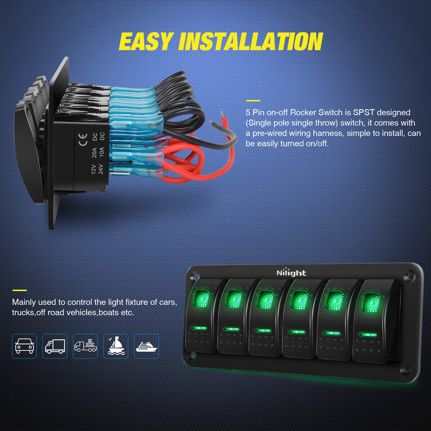Nilight 6 Gang Rocker Switch Panel 5Pin On Off Toggle Switch Aluminum Holder 12V 24V Dash Pre-Wired Green Backlit Switches For A