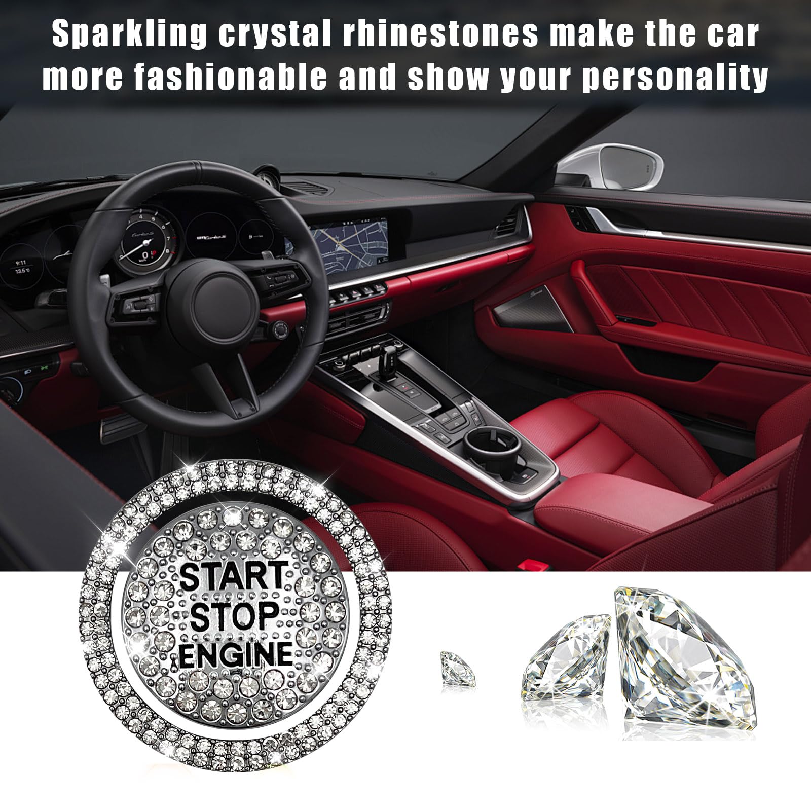 Sylvil Bling Car Push Start Button Sticker, Sparkling Rhinestones Fully Protect Button Decorative Cover, Anti-Scratch Key Ignition & Knob Bling Ring, Car Accessories For Women (White)