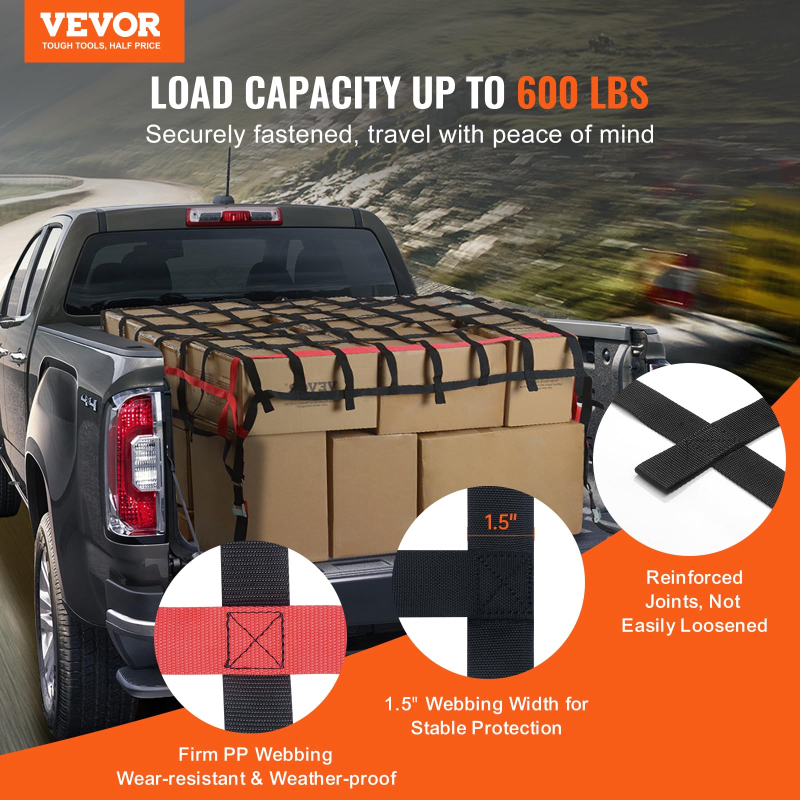 VEVOR Cargo Net, 96 in x 72 in, Heavy Duty Truck Cargo Net for Truck Bed, 4 Adjustable Straps with Buckles and S-Hooks, Wear-Res