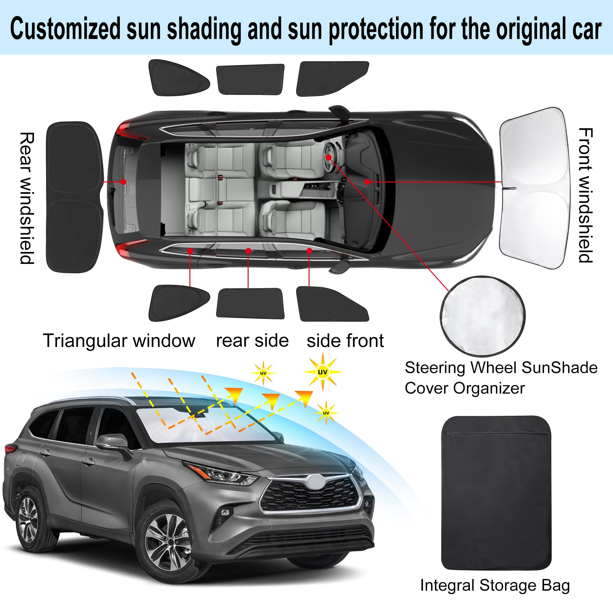 Tinglu 8Pcs Window Shades For Toyota Highlander 2020-2024 2025 Accessories Car Side Full Windows Rear Triangular Windshield Sun