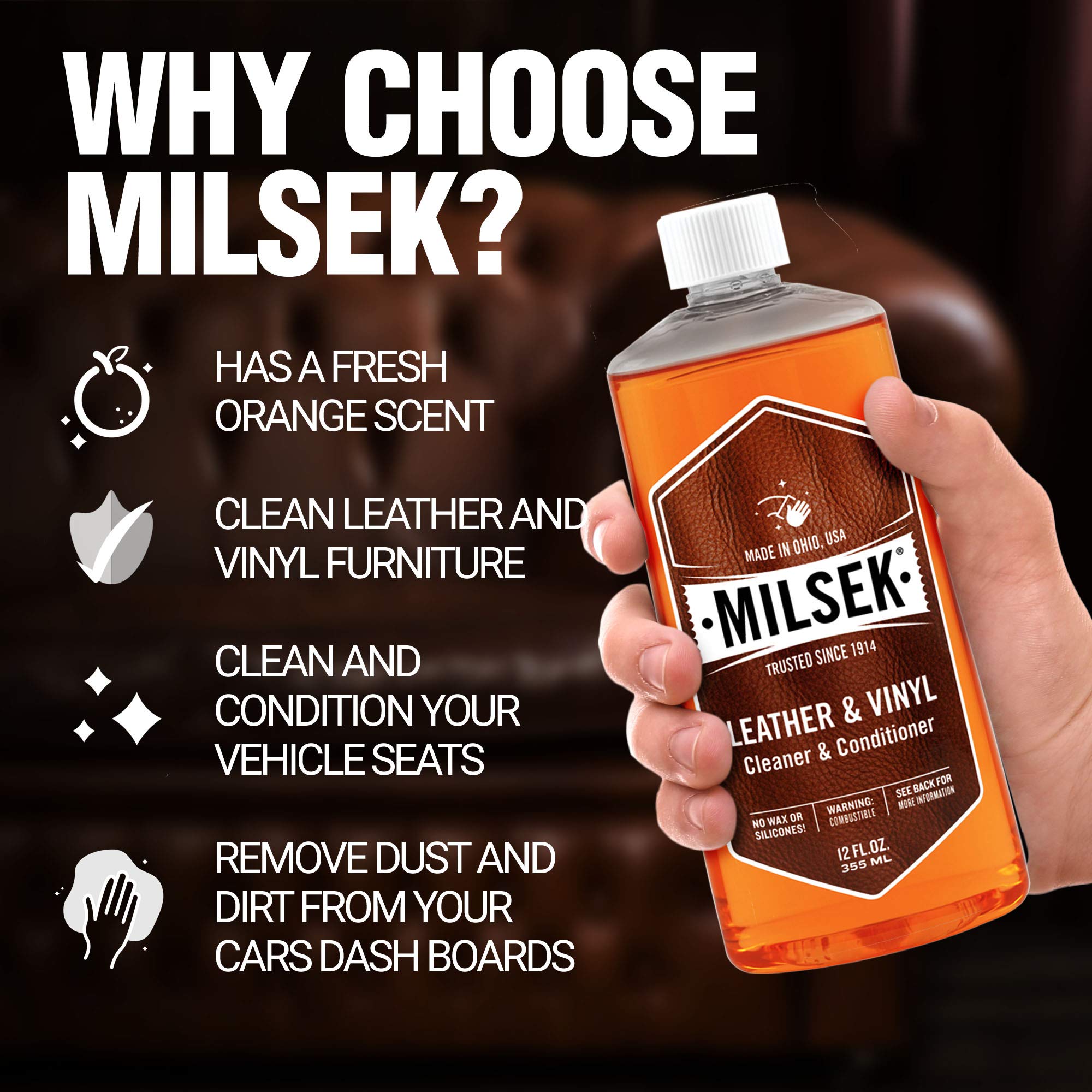 Milsek Leather & Vinyl Cleaner - 12 Fl Oz Conditioner for Furniture, Shoes, Bags - Mandarine, Model 67702