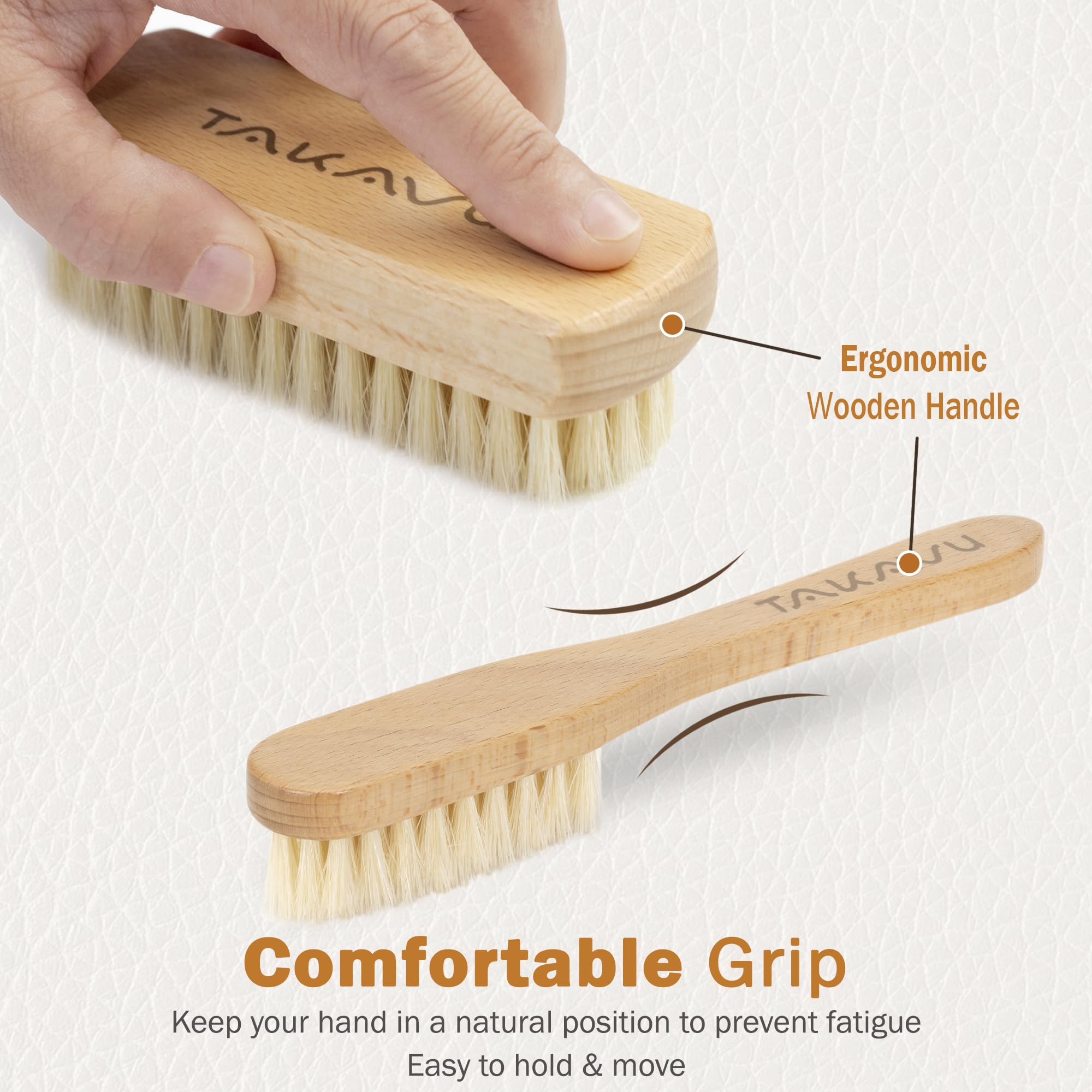 Takavu Leather & Upholstery Cleaning Brush Set, Pure White Boar Hair Bristle, To Clean Car Seats, Leather Sofas, For Alcantara,