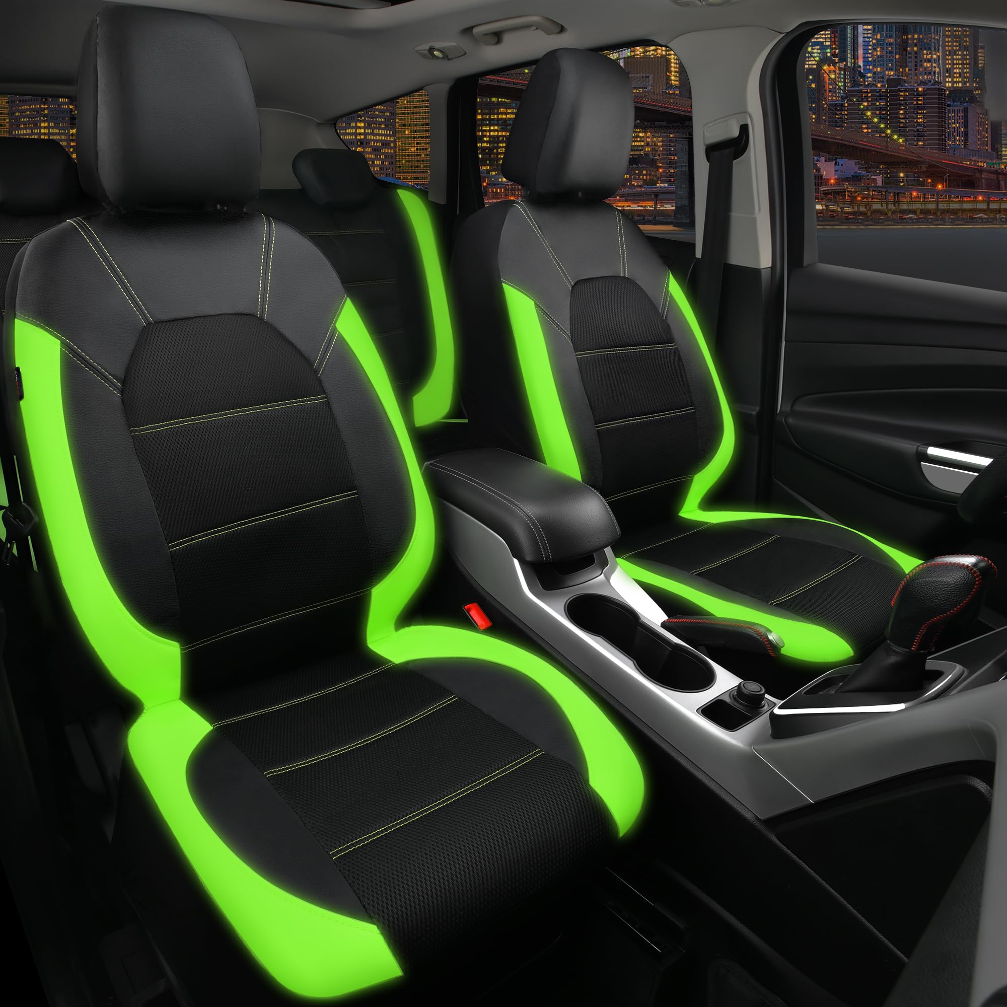 CAR PASS Luminous Green Leather seat Covers Universal Sport car seat Cover, 5mm Composite Sponge Inside, Airbag Compatible fits