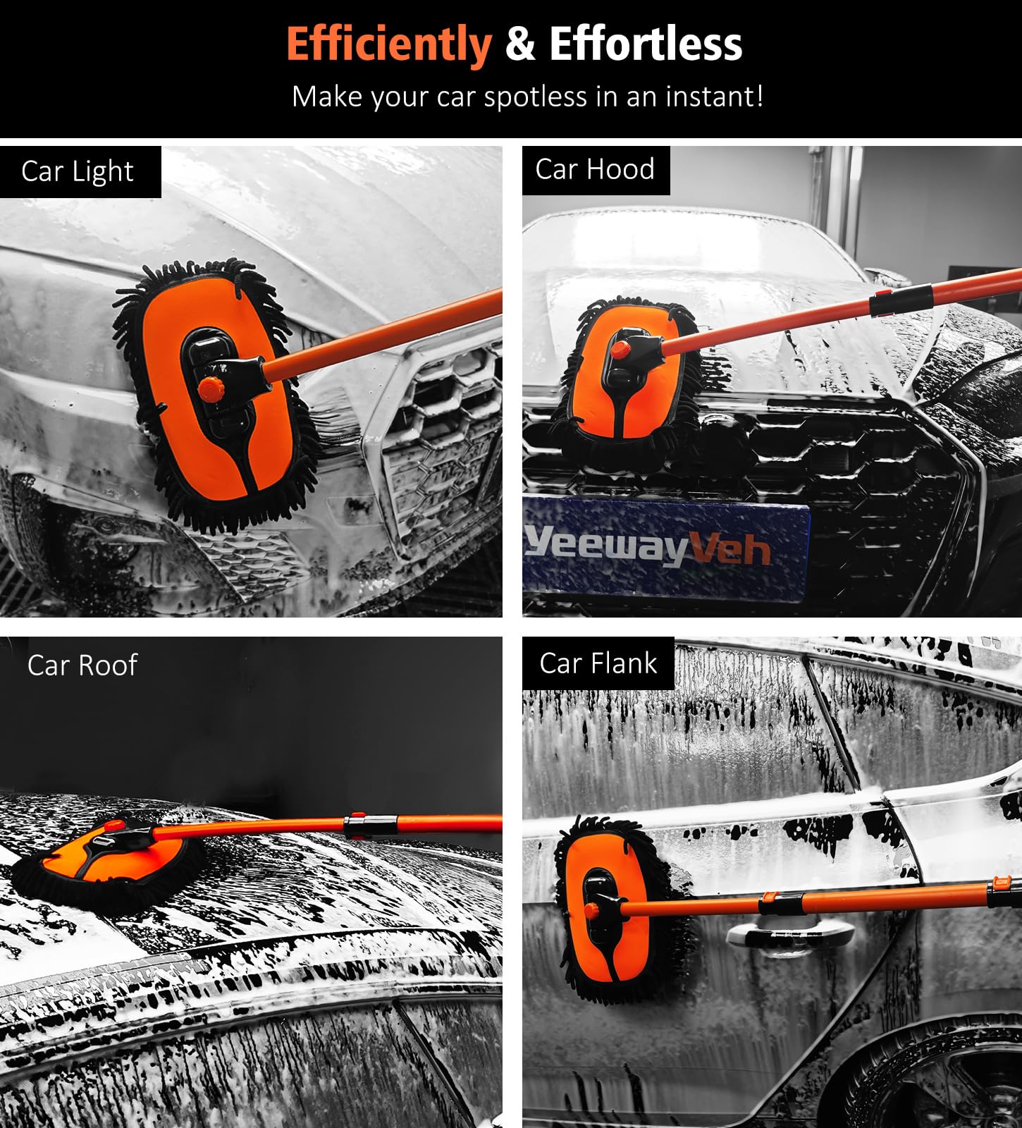 YeewayVeh Car Wash Brush, 43'' Extendable Car Wash Brush Mop with Long Handle, 15 Degree Curved Soft Car Washing Brushes with Ex