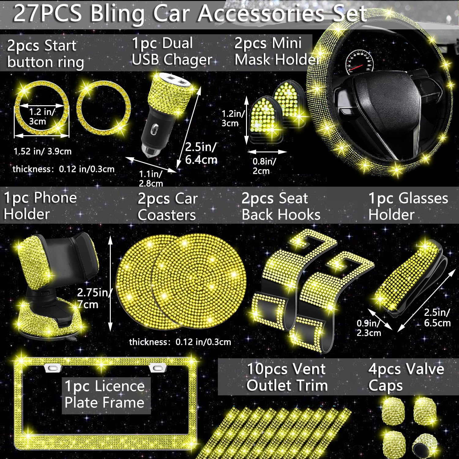 Nbtepem 27-Piece Yellow Bling Car Accessories Set - Universal Fit Steering Wheel Covers, License Plate Frame, Phone Holder, Car