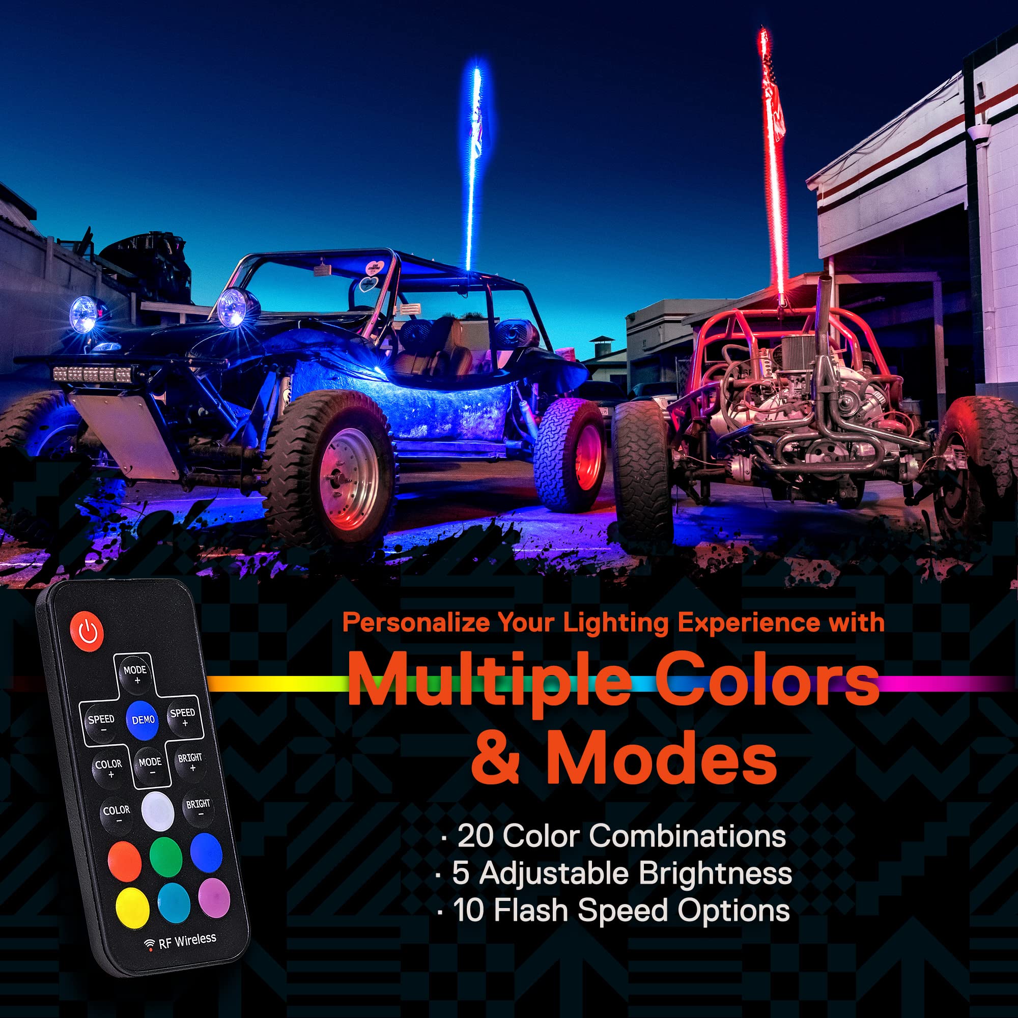 True Mods 6Ft Rgb Led Whip Light For Utv Atv [Rf Wireless Remote] Usa Flag Waterproof Led Lighted Whip Cb Antenna Pole Stick For