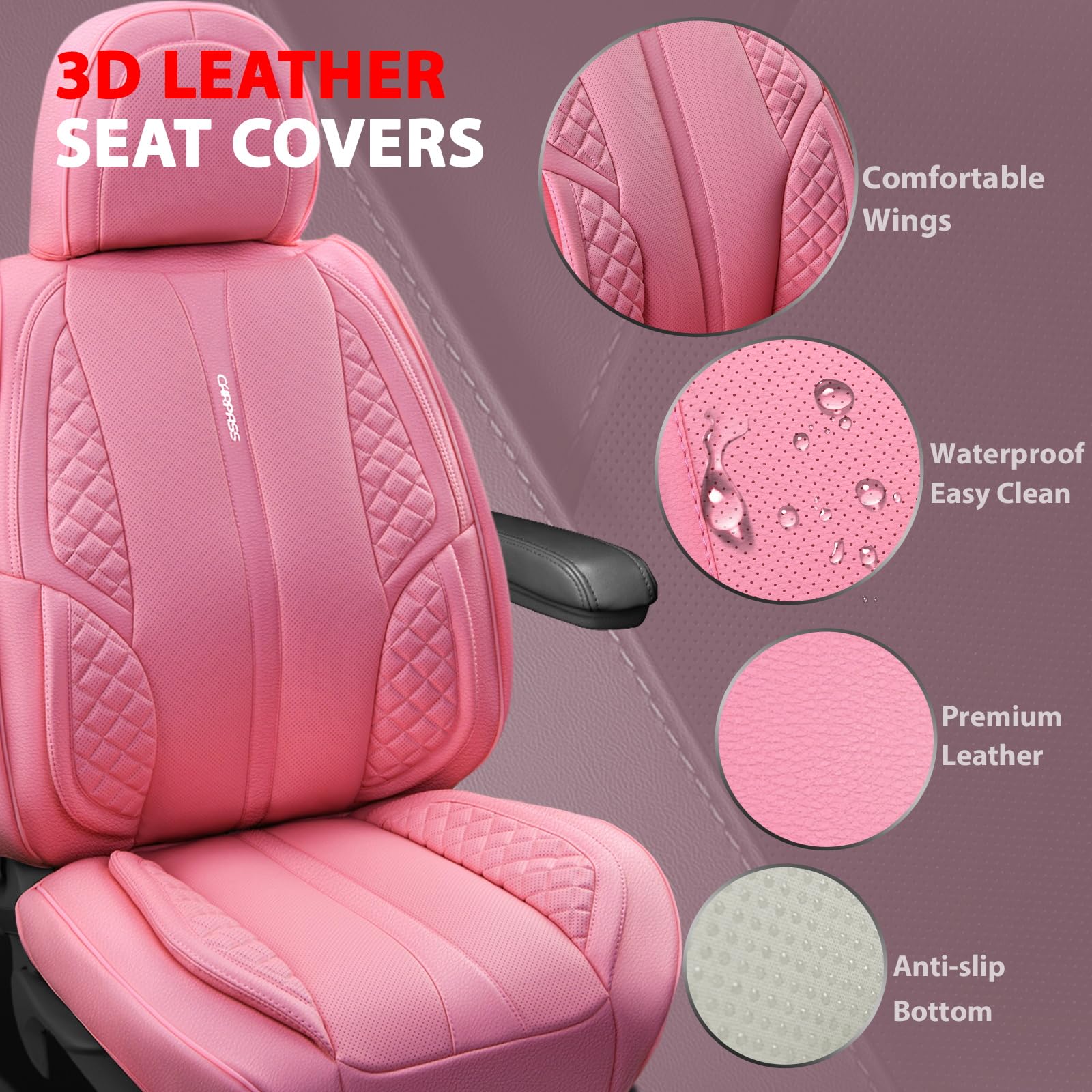 CAR PASS Nappa Pink PU Leather Car Seat Covers Full Set Cute for Women Waterproof Cushioned,Universal Fit for Sedan SUV Pick-up
