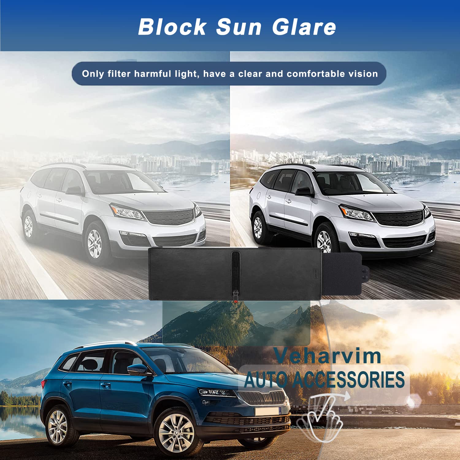 Veharvim UV400 Polarized Car Sun Visor Extension with Zipper, Anti-Glare, Transparent, Universal Size, Side Sunshade for Safe Driving