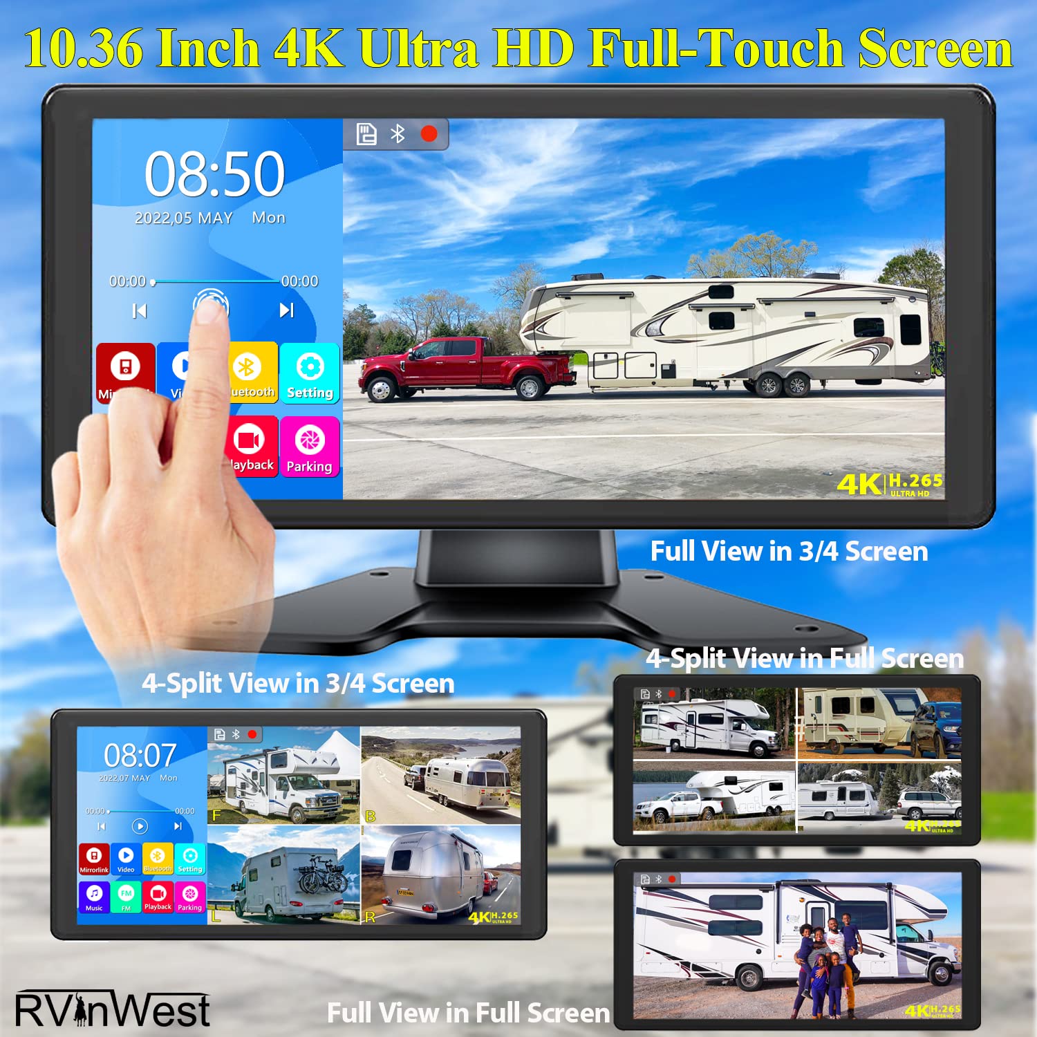 Rvinwest 4K Rv Camera System, Touch Screen 10.36 Inch Dvr Quad 4 Split Screen Monitor With Bluetooth Mp3 Mp4 + Ip69 Night Vision